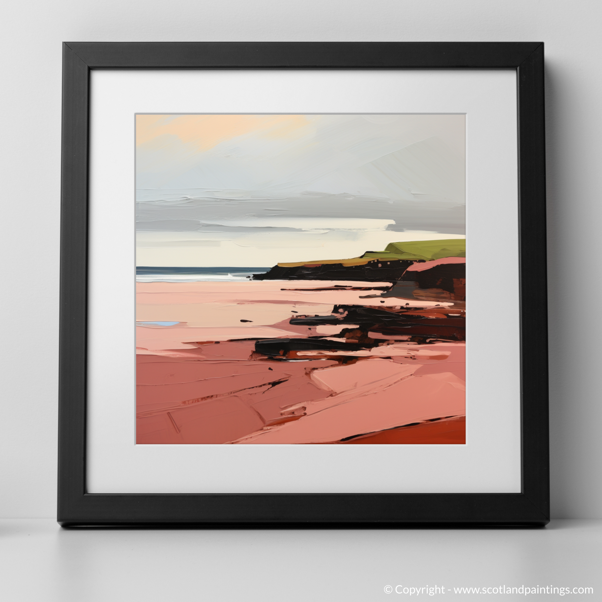 Art Print of St Cyrus Beach, Aberdeenshire in summer with a black frame