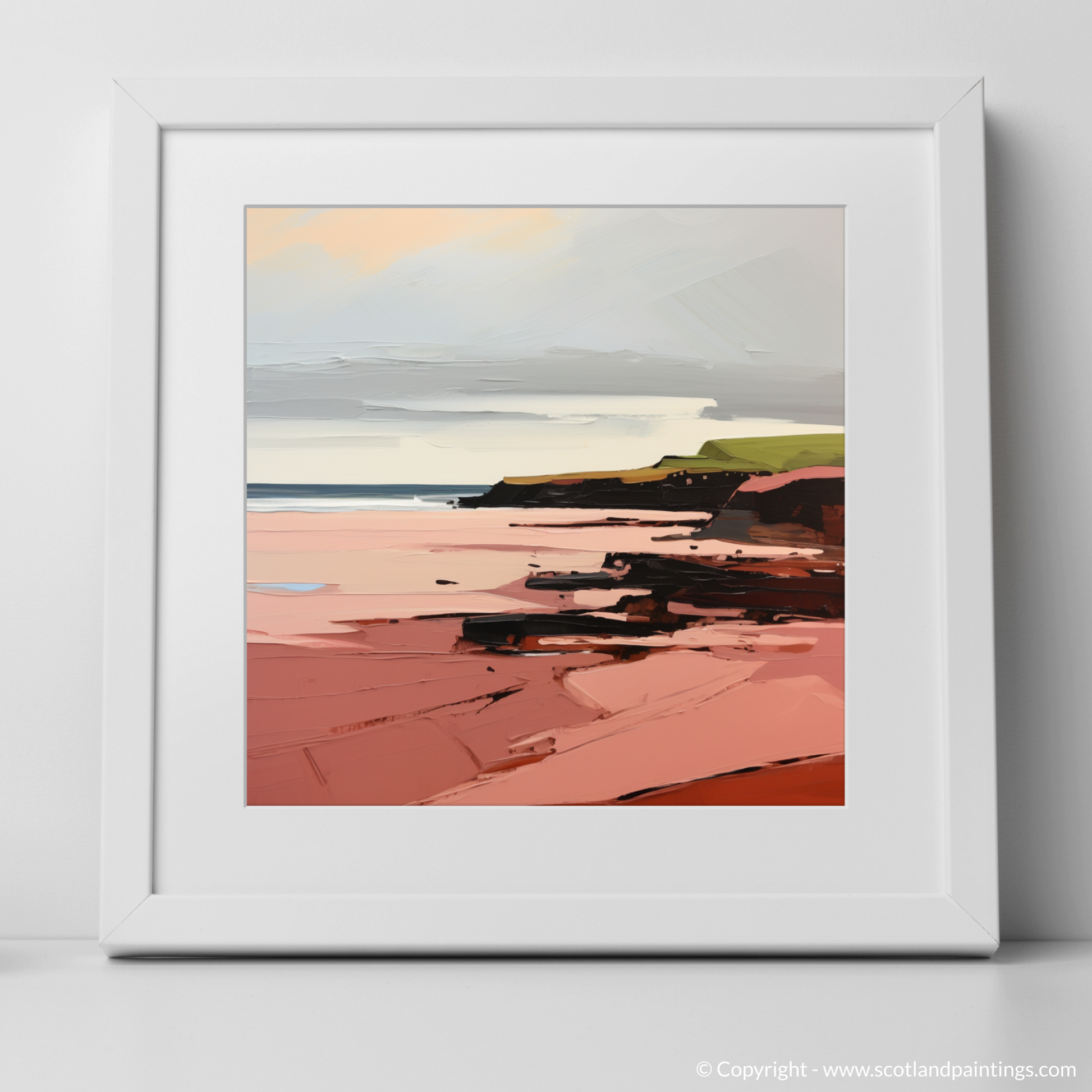 Art Print of St Cyrus Beach, Aberdeenshire in summer with a white frame