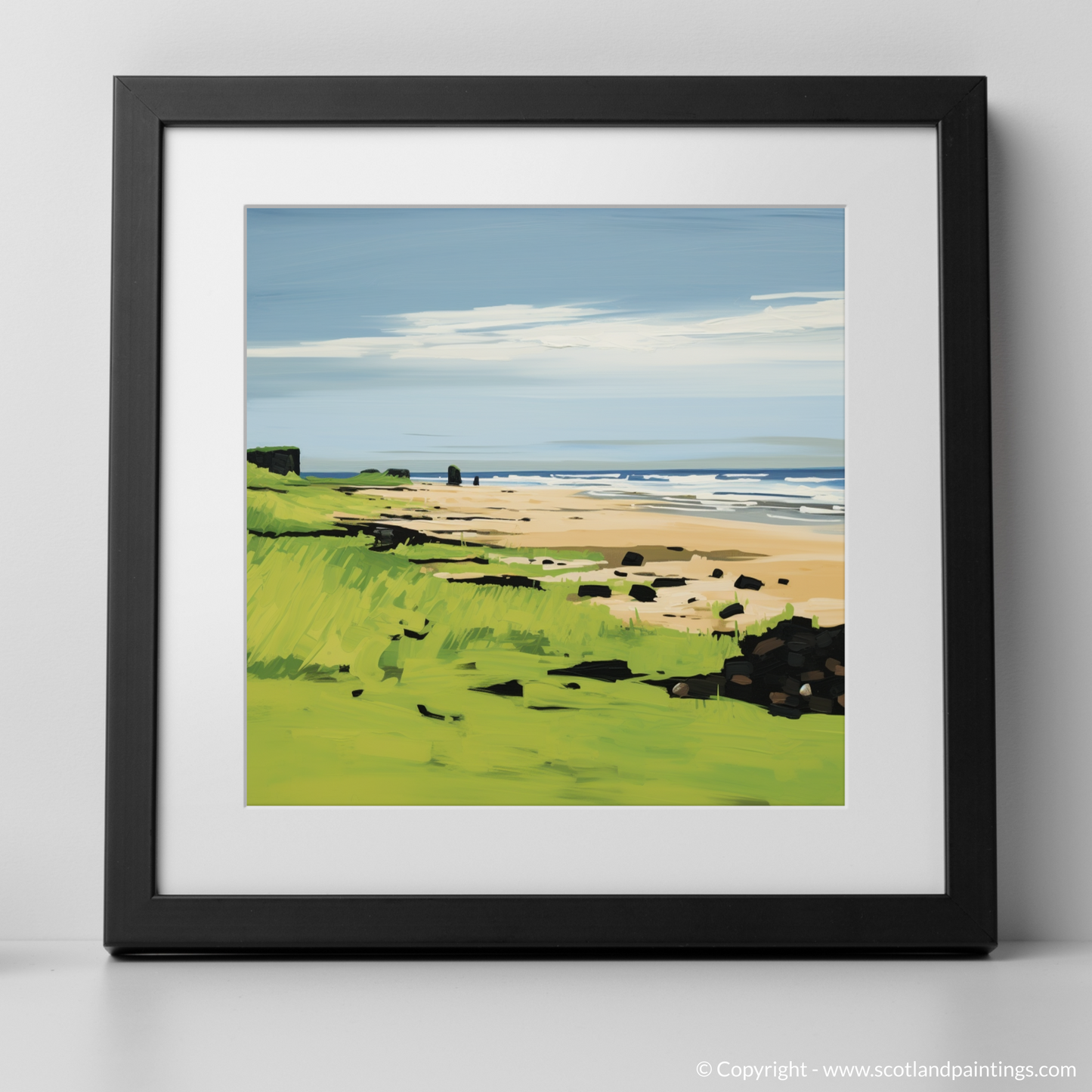 Art Print of St Cyrus Beach, Aberdeenshire in summer with a black frame