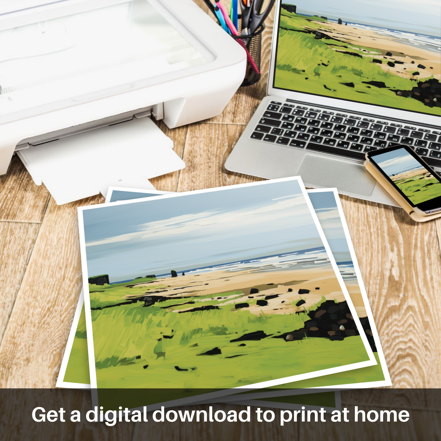 Downloadable and printable picture of St Cyrus Beach, Aberdeenshire in summer