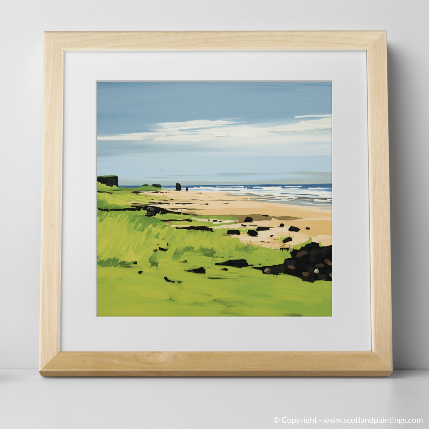 Art Print of St Cyrus Beach, Aberdeenshire in summer with a natural frame