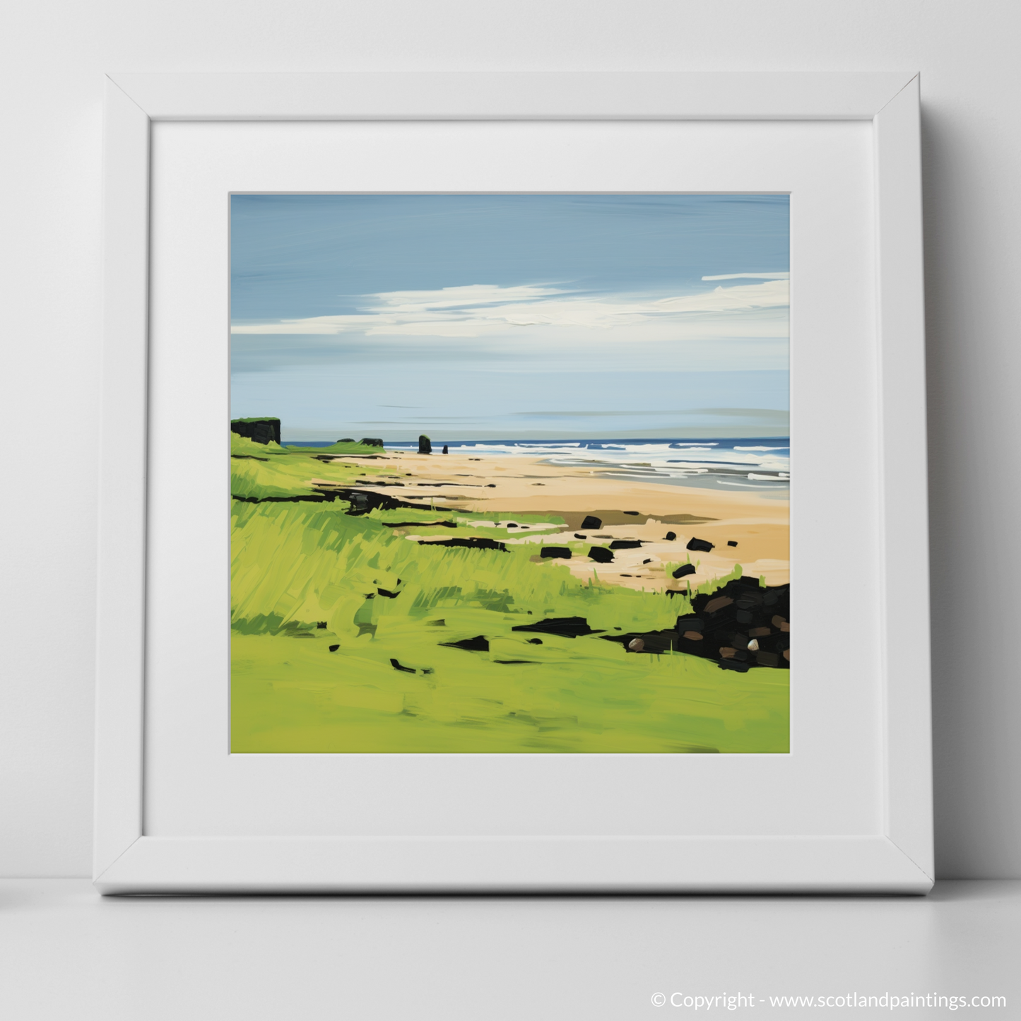 Art Print of St Cyrus Beach, Aberdeenshire in summer with a white frame