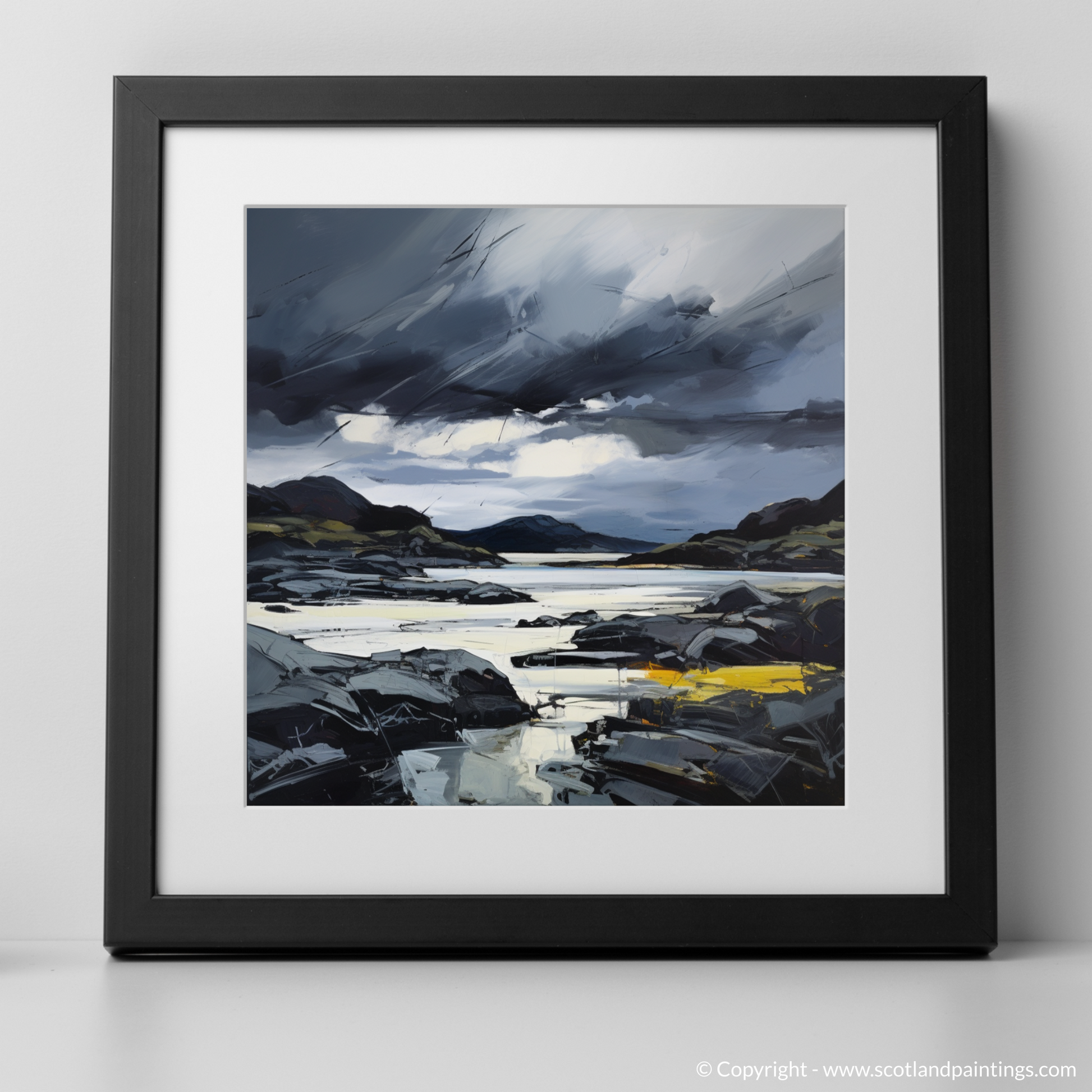 Art Print of Lochinver Bay with a stormy sky with a black frame