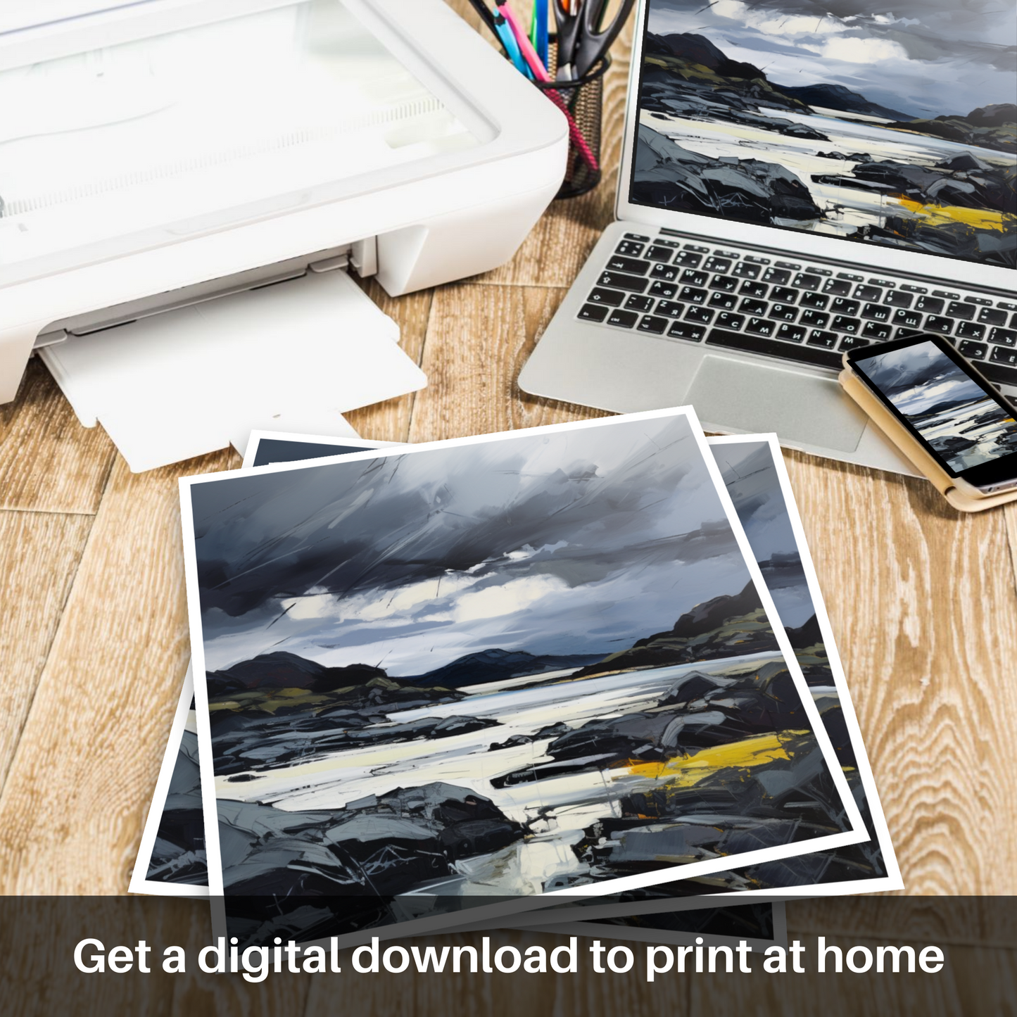 Downloadable and printable picture of Lochinver Bay with a stormy sky