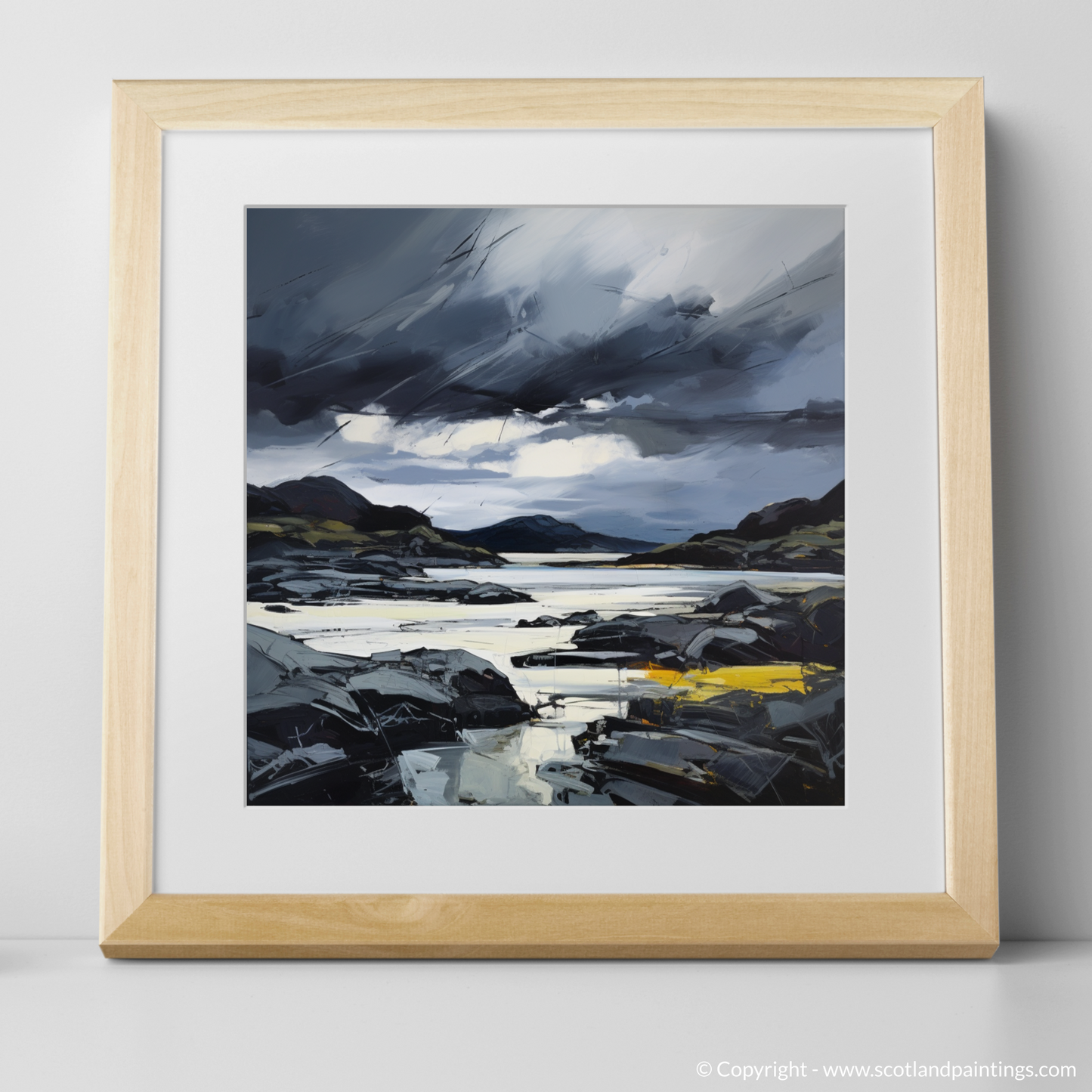 Art Print of Lochinver Bay with a stormy sky with a natural frame