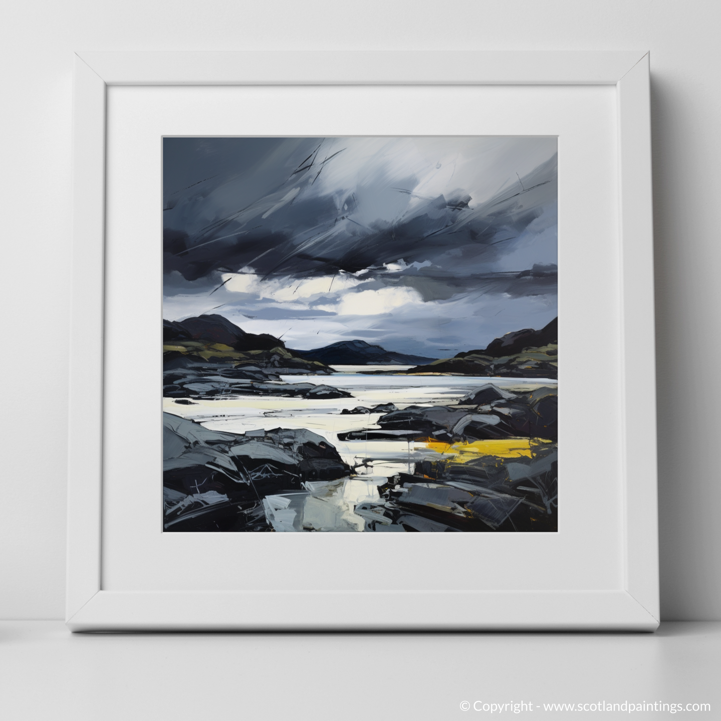 Art Print of Lochinver Bay with a stormy sky with a white frame