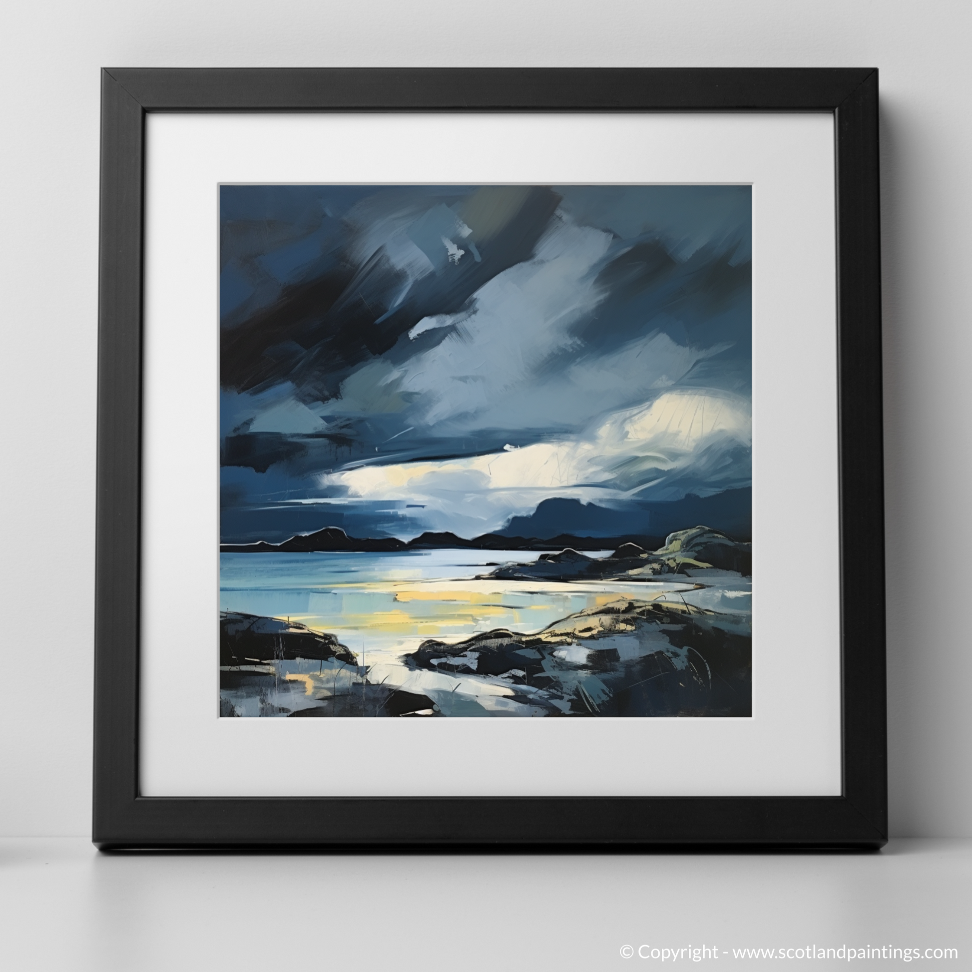 Art Print of Lochinver Bay with a stormy sky with a black frame