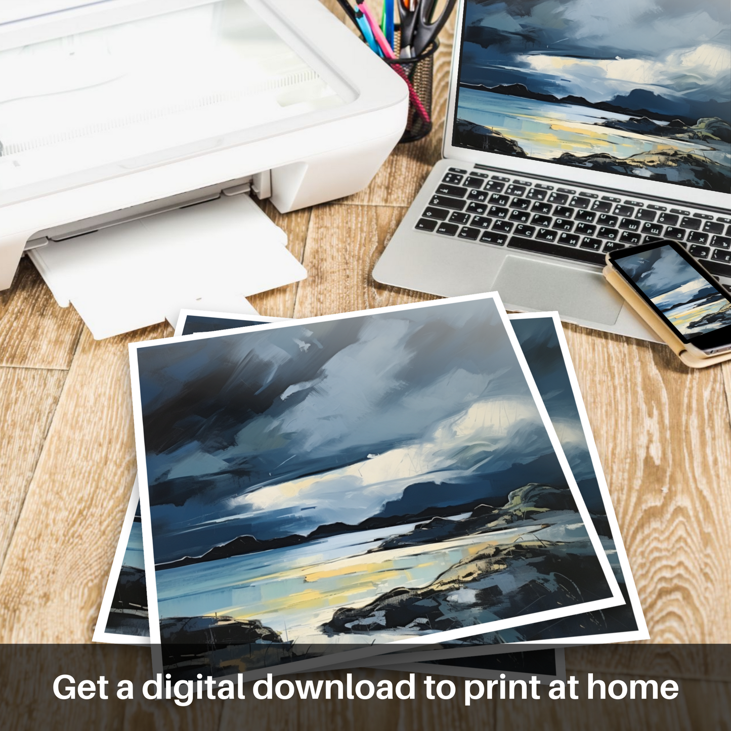 Downloadable and printable picture of Lochinver Bay with a stormy sky