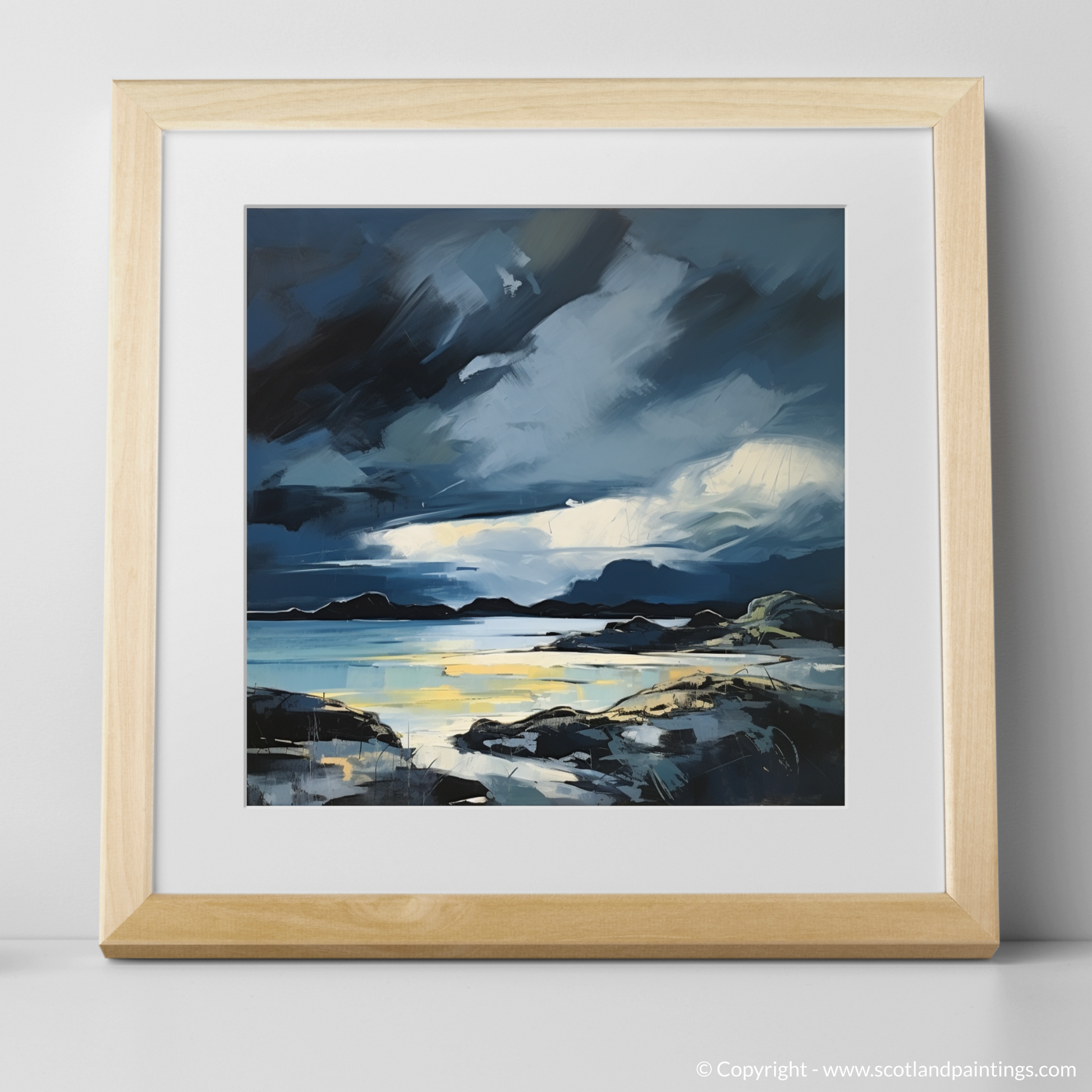 Art Print of Lochinver Bay with a stormy sky with a natural frame