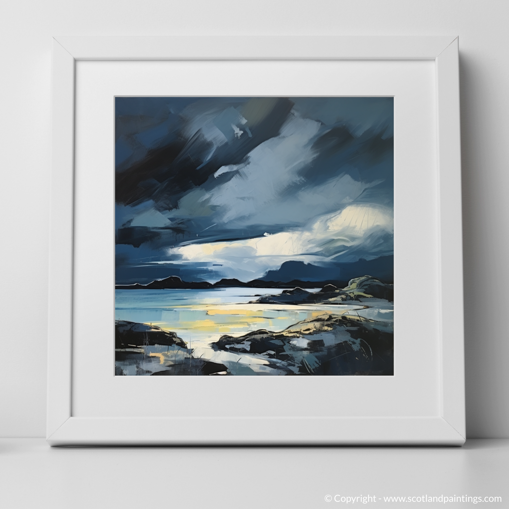 Art Print of Lochinver Bay with a stormy sky with a white frame