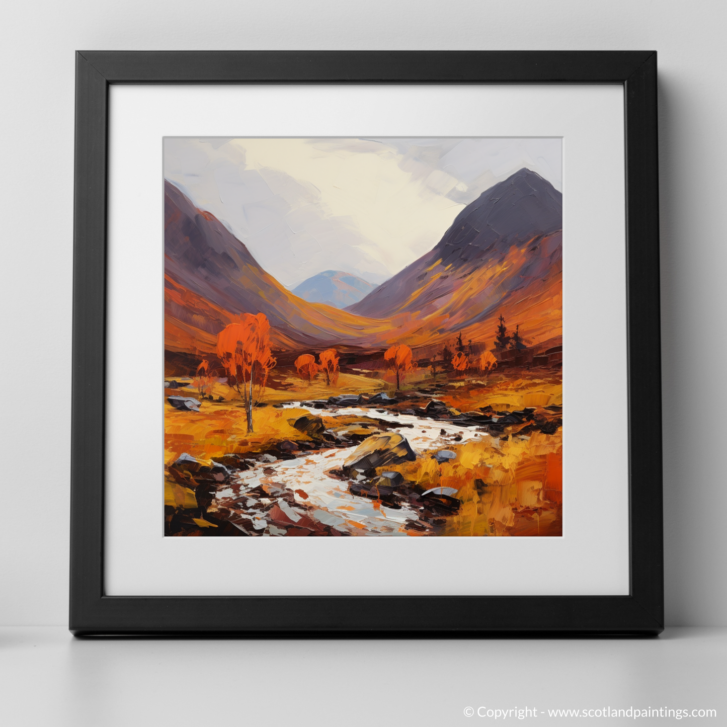 Art Print of Autumn hues in Glencoe with a black frame