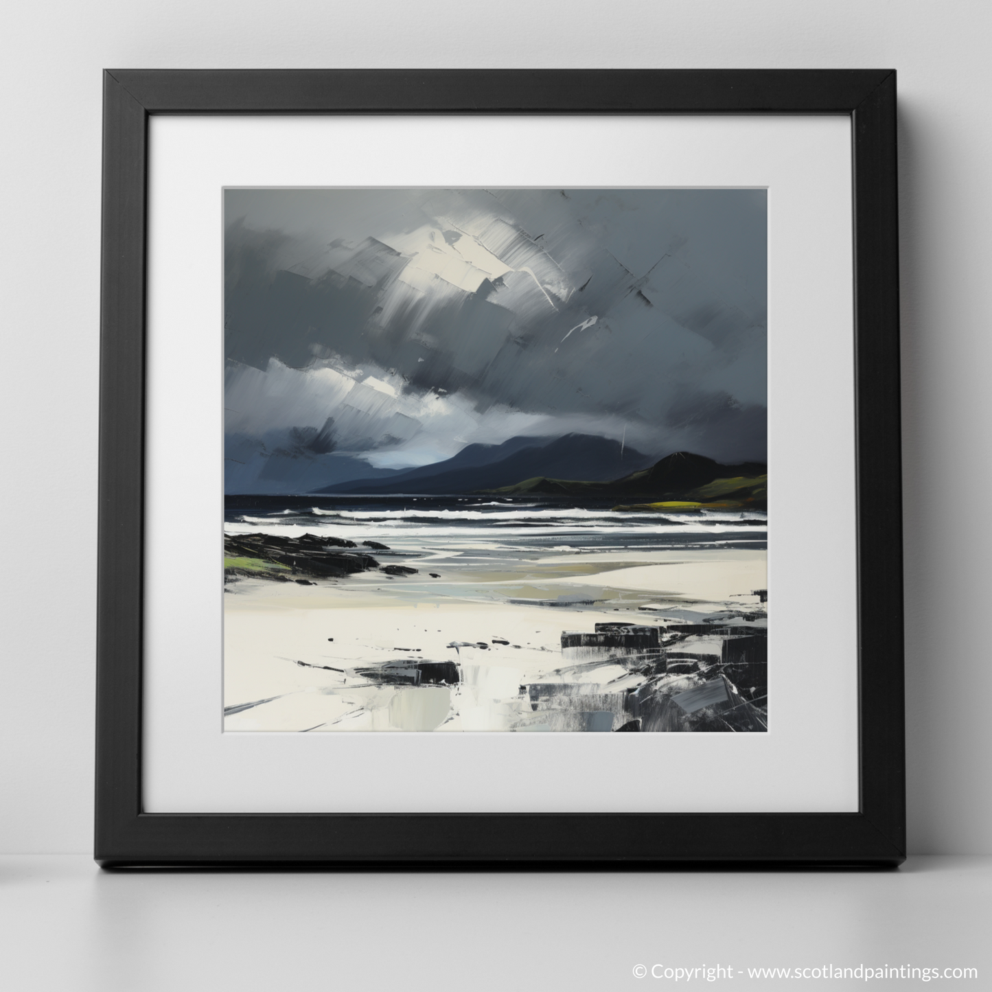 Art Print of Camusdarach Beach with a stormy sky with a black frame