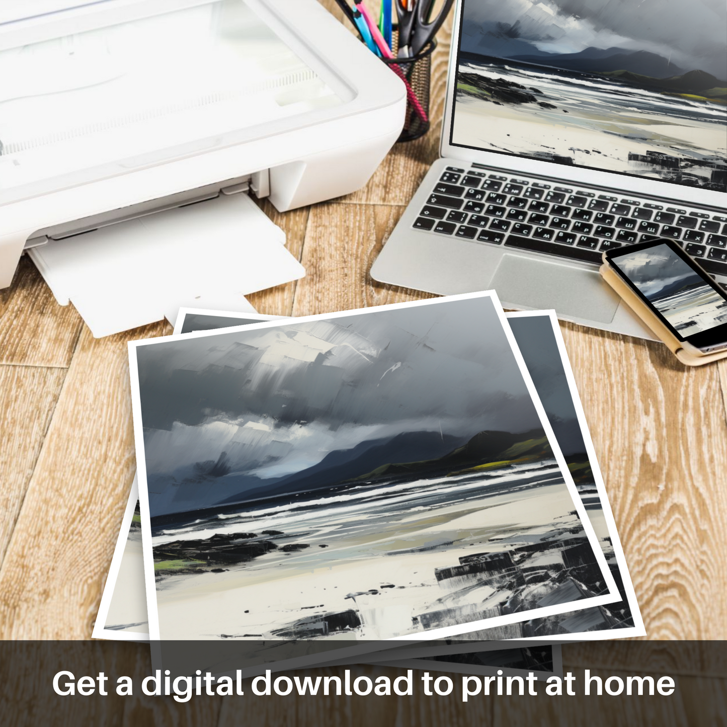 Downloadable and printable picture of Camusdarach Beach with a stormy sky