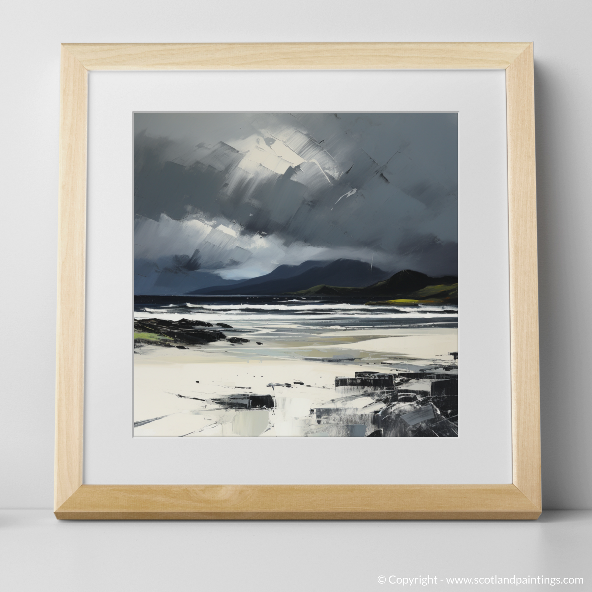 Art Print of Camusdarach Beach with a stormy sky with a natural frame