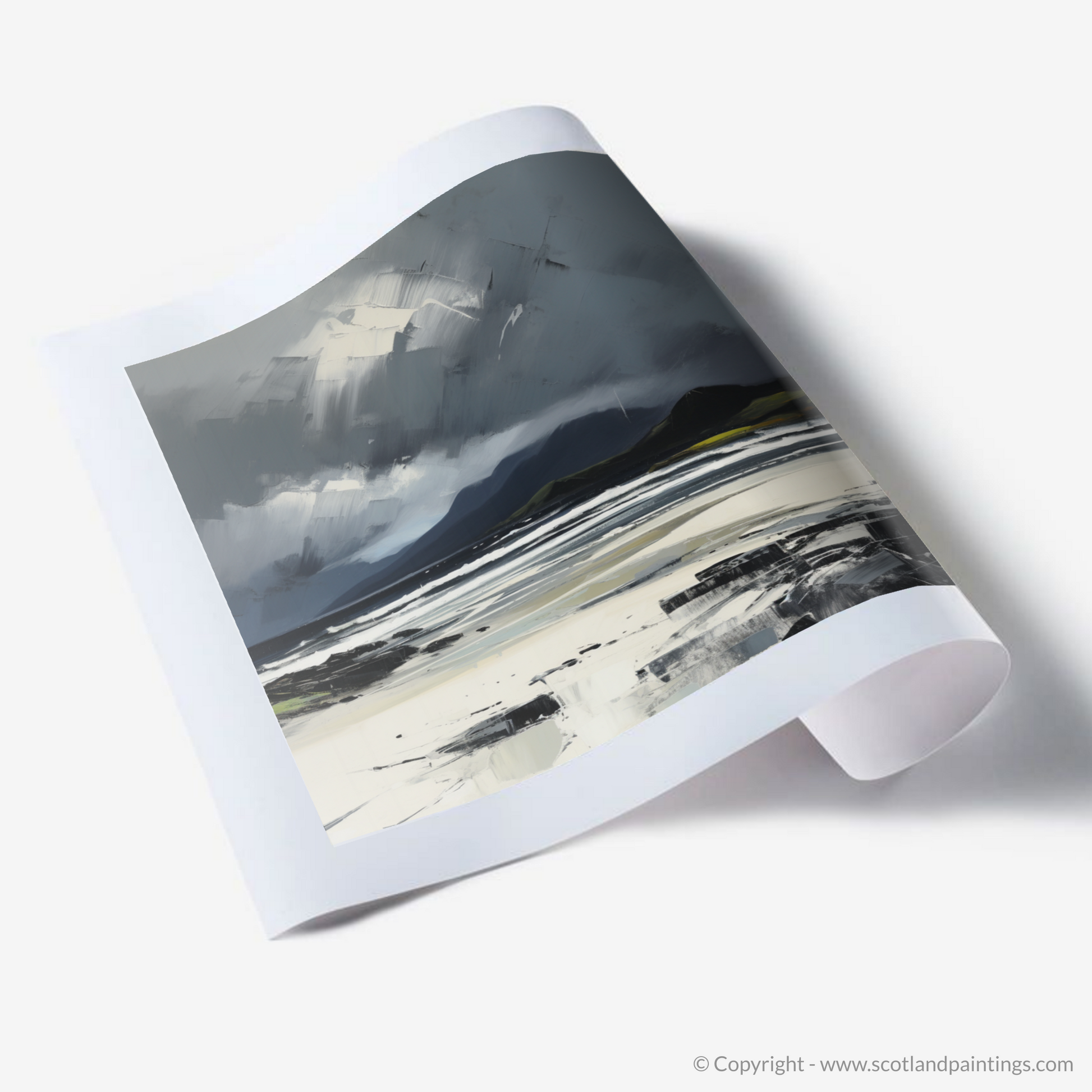 Art Print of Camusdarach Beach with a stormy sky