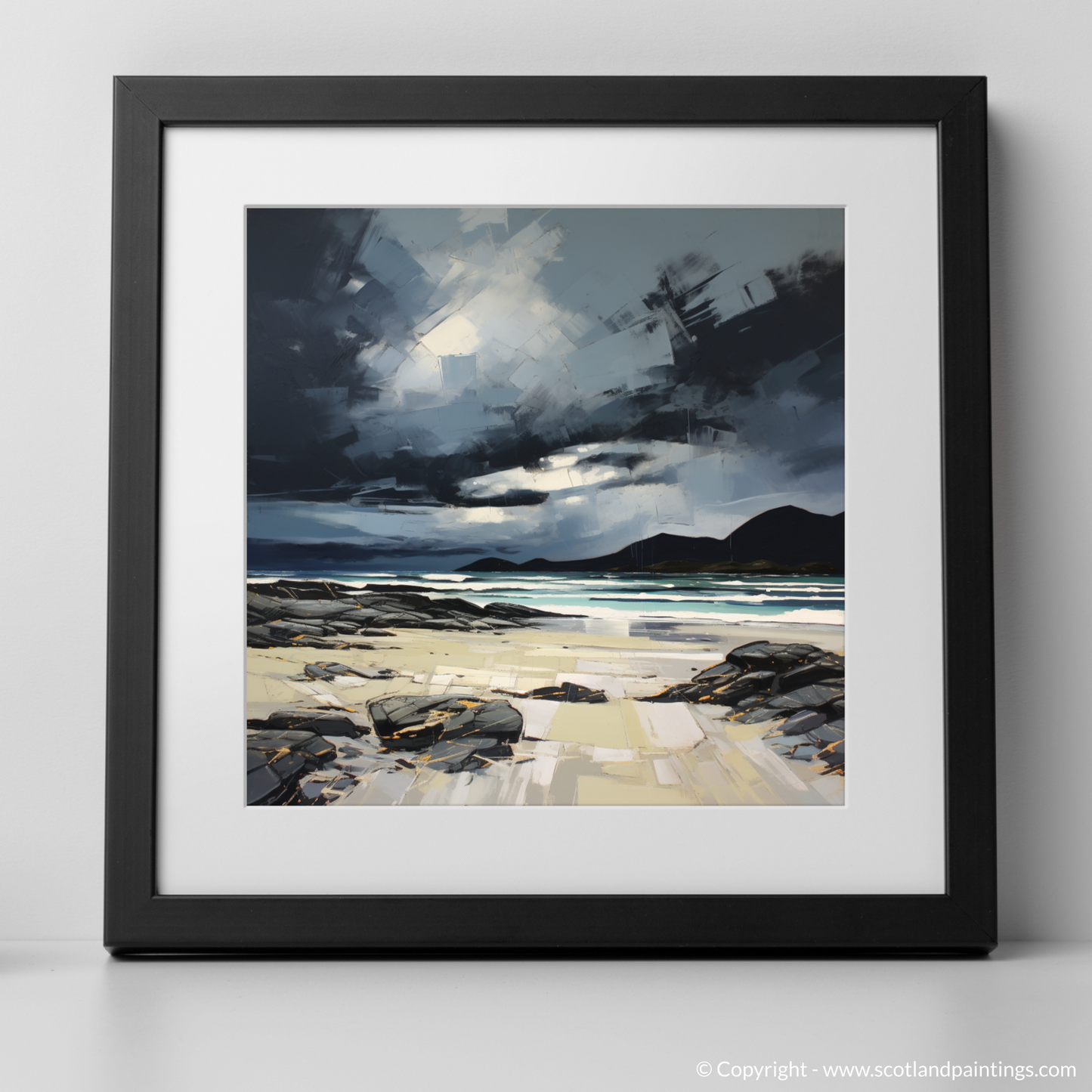 Painting and Art Print of Camusdarach Beach with a stormy sky. Stormy Splendour over Camusdarach Beach.