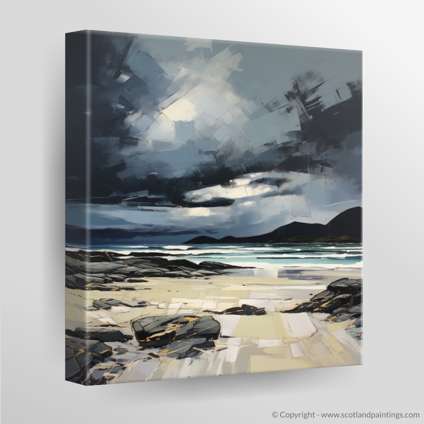 Painting and Art Print of Camusdarach Beach with a stormy sky. Stormy Splendour over Camusdarach Beach.