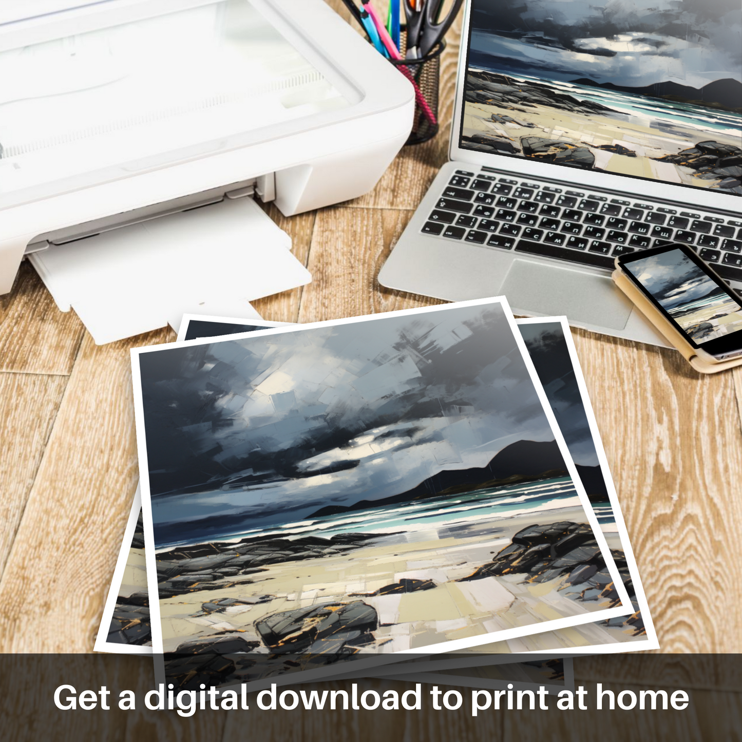 Painting and Art Print of Camusdarach Beach with a stormy sky. Stormy Splendour over Camusdarach Beach.