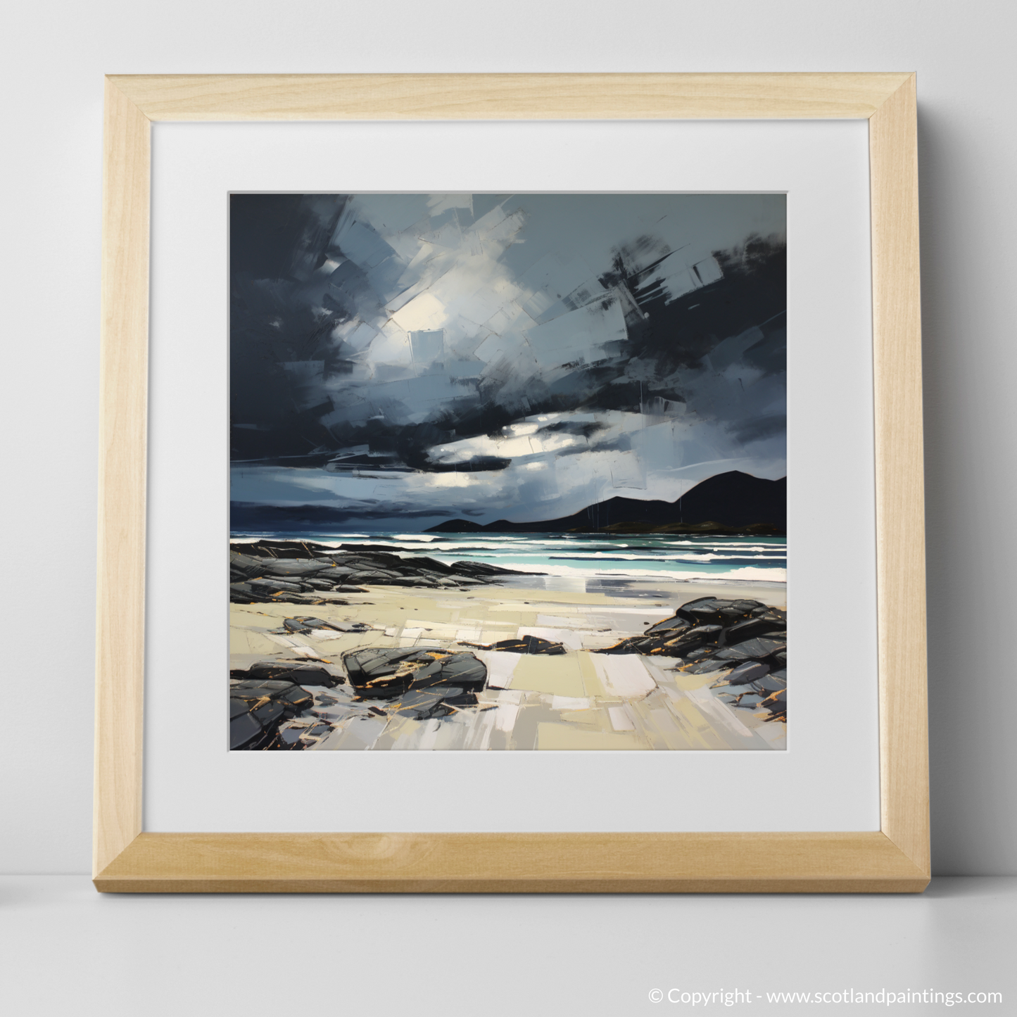 Painting and Art Print of Camusdarach Beach with a stormy sky. Stormy Splendour over Camusdarach Beach.