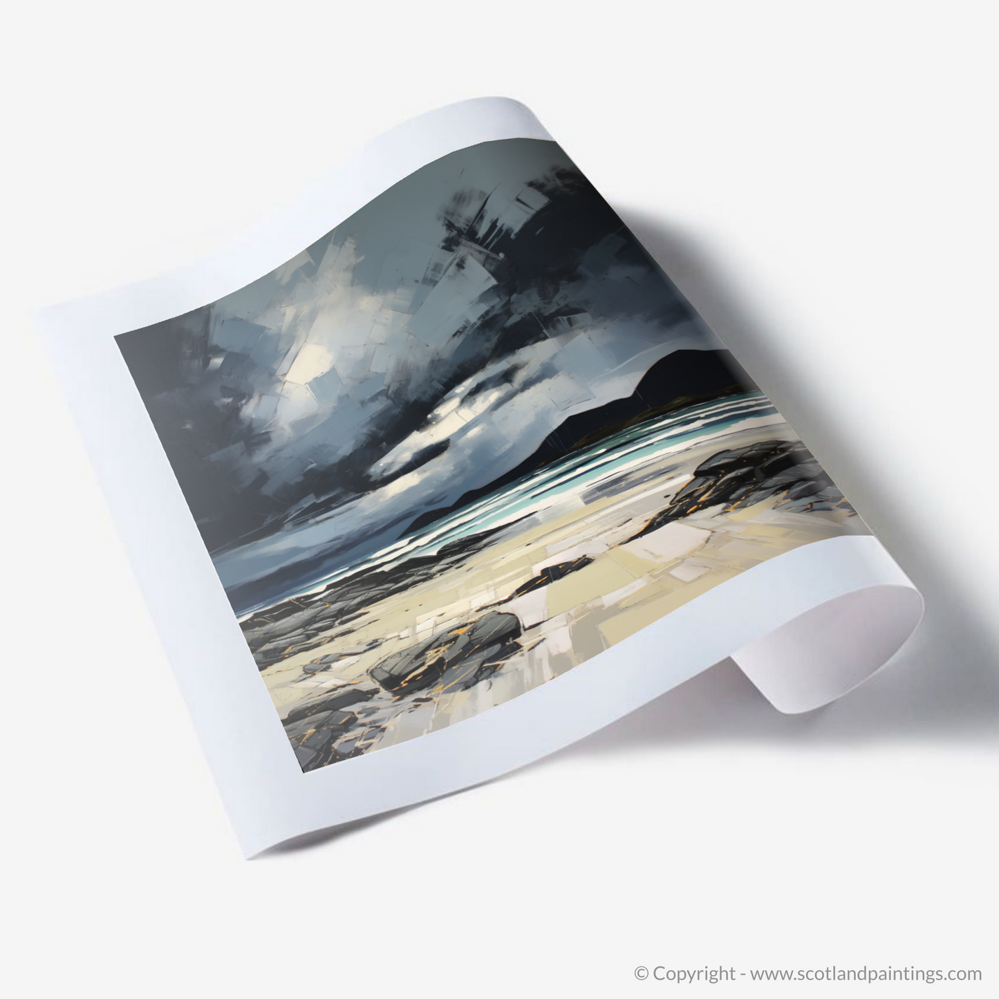 Painting and Art Print of Camusdarach Beach with a stormy sky. Stormy Splendour over Camusdarach Beach.