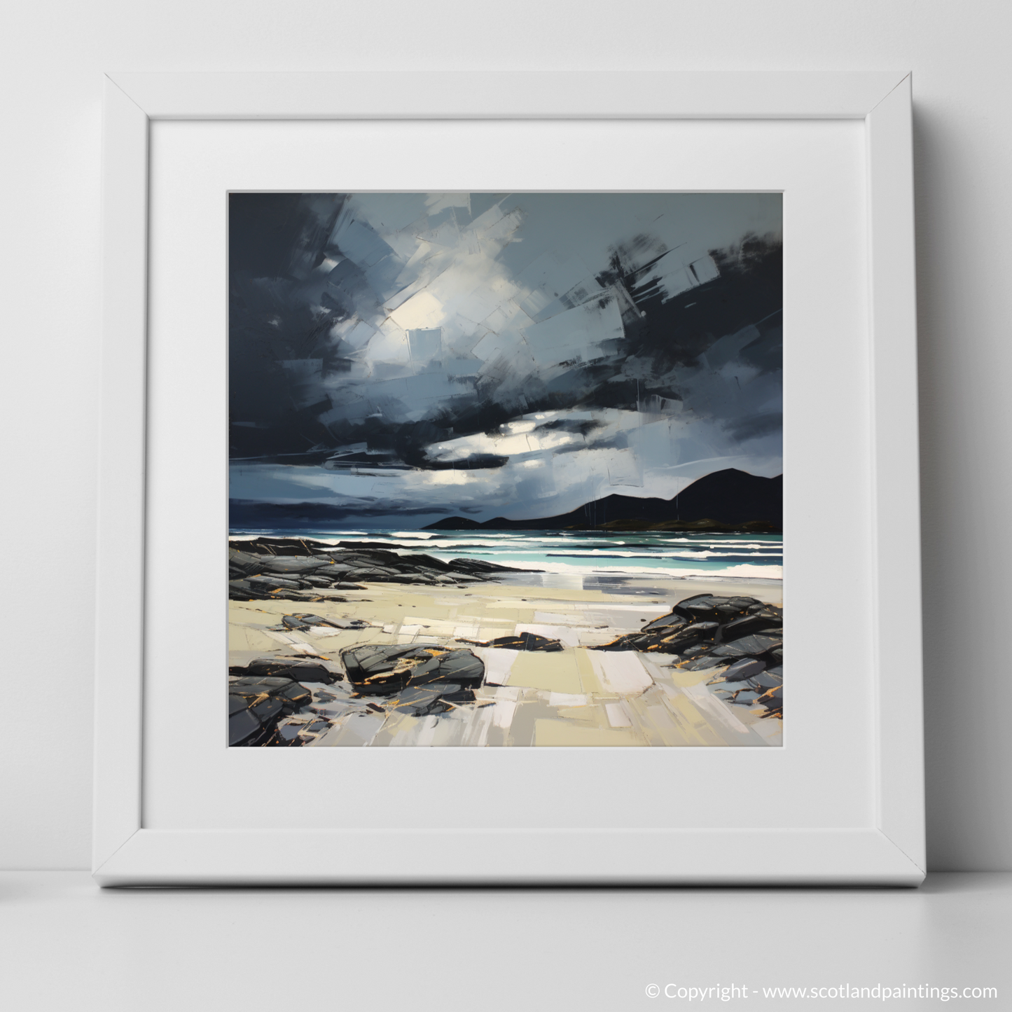 Painting and Art Print of Camusdarach Beach with a stormy sky. Stormy Splendour over Camusdarach Beach.