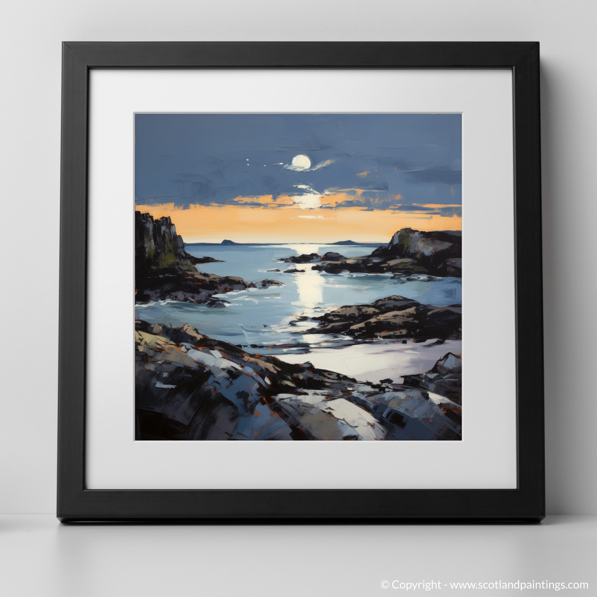 Art Print of Achmelvich Bay at dusk with a black frame