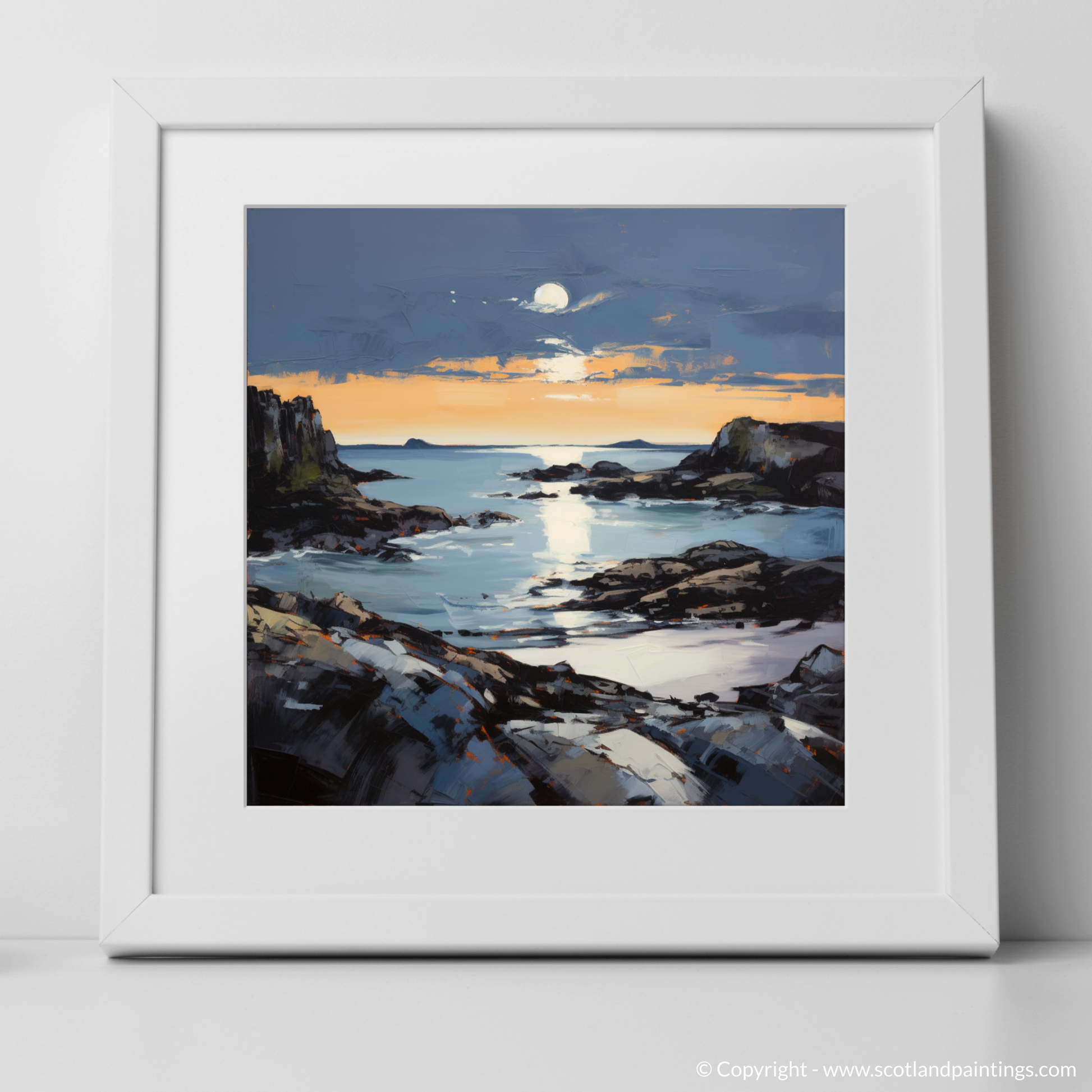 Art Print of Achmelvich Bay at dusk with a white frame