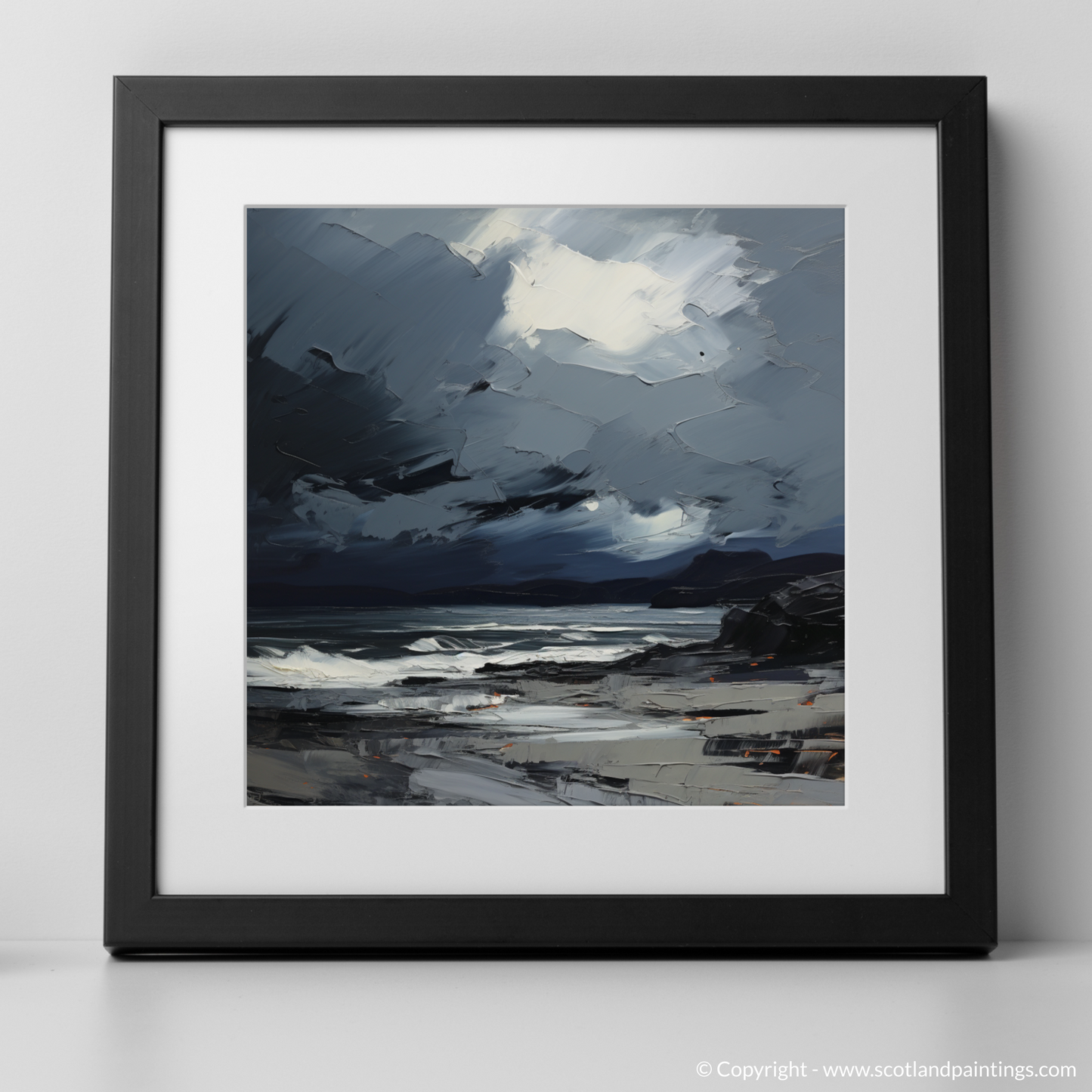 Art Print of Seilebost Beach with a stormy sky with a black frame