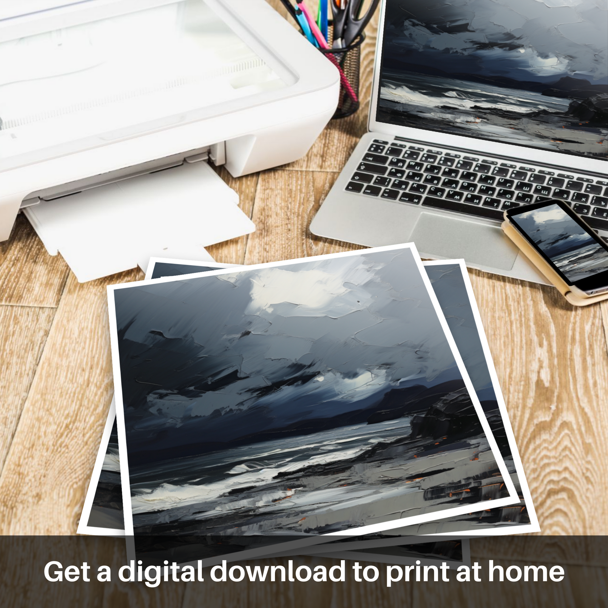 Downloadable and printable picture of Seilebost Beach with a stormy sky