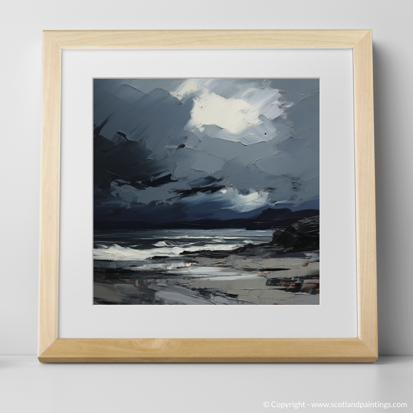 Art Print of Seilebost Beach with a stormy sky with a natural frame