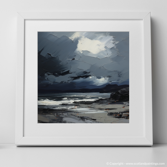 Art Print of Seilebost Beach with a stormy sky with a white frame