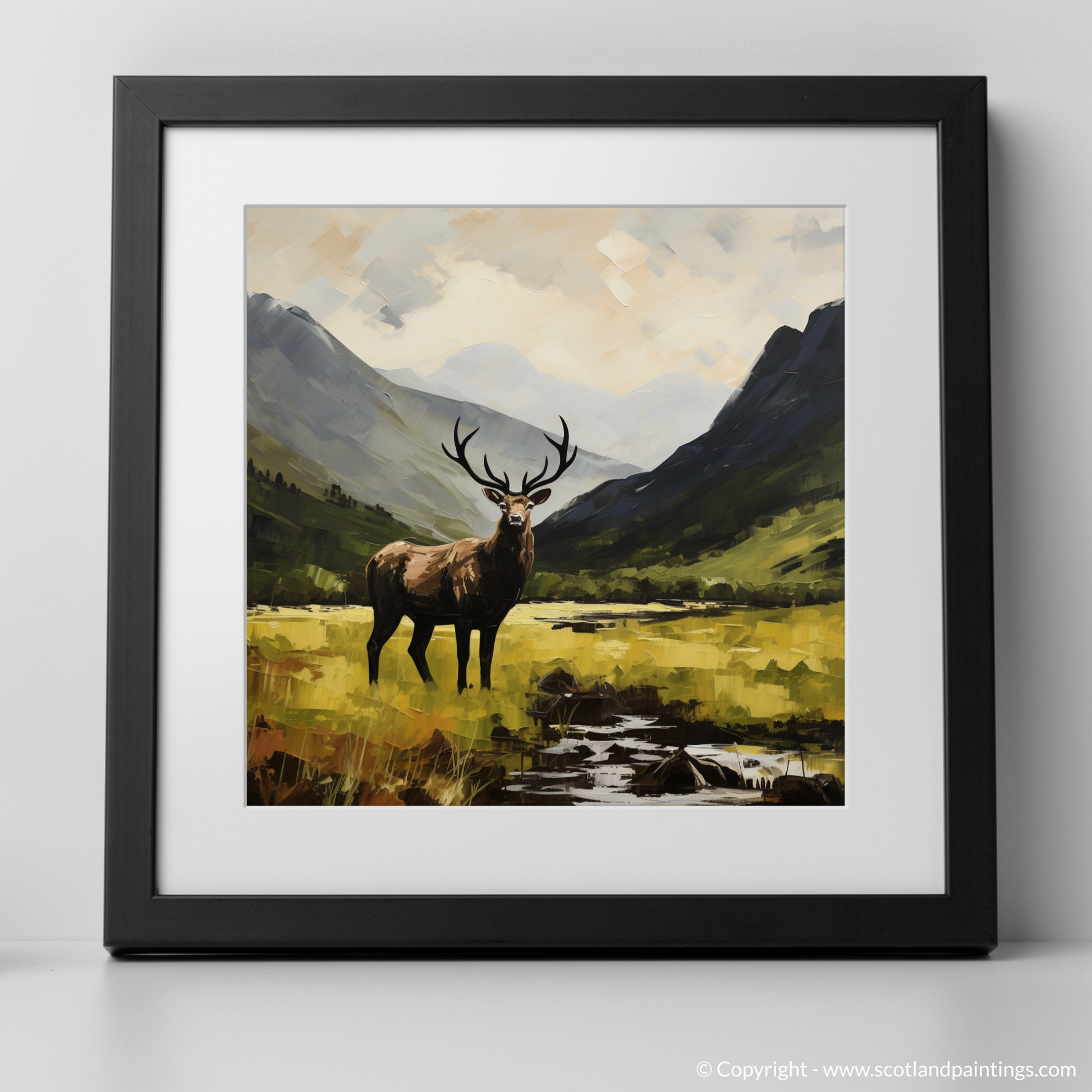 Art Print of A stag in Glencoe during summer with a black frame