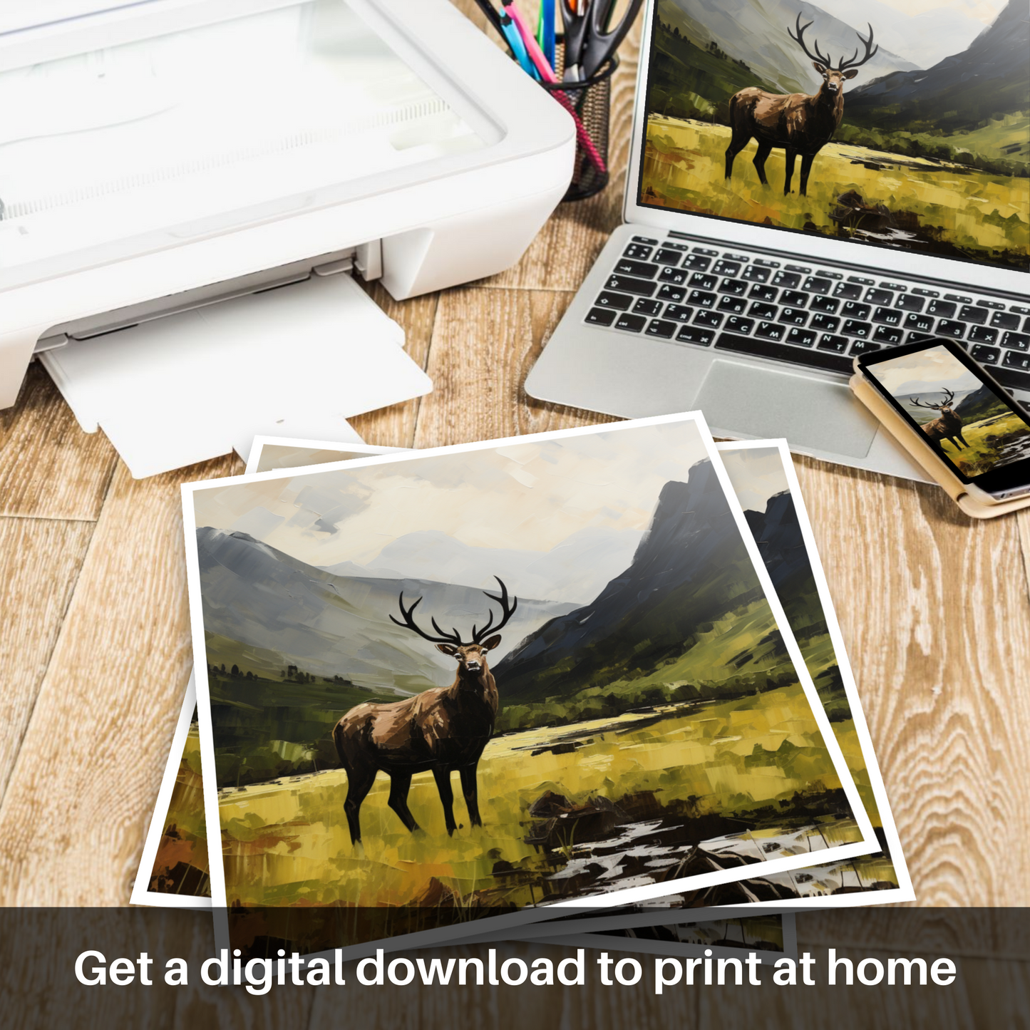 Downloadable and printable picture of A stag in Glencoe during summer