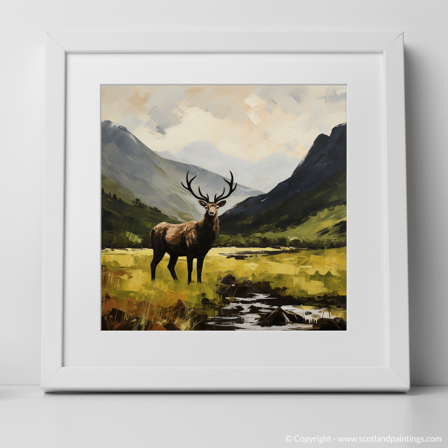 Art Print of A stag in Glencoe during summer with a white frame