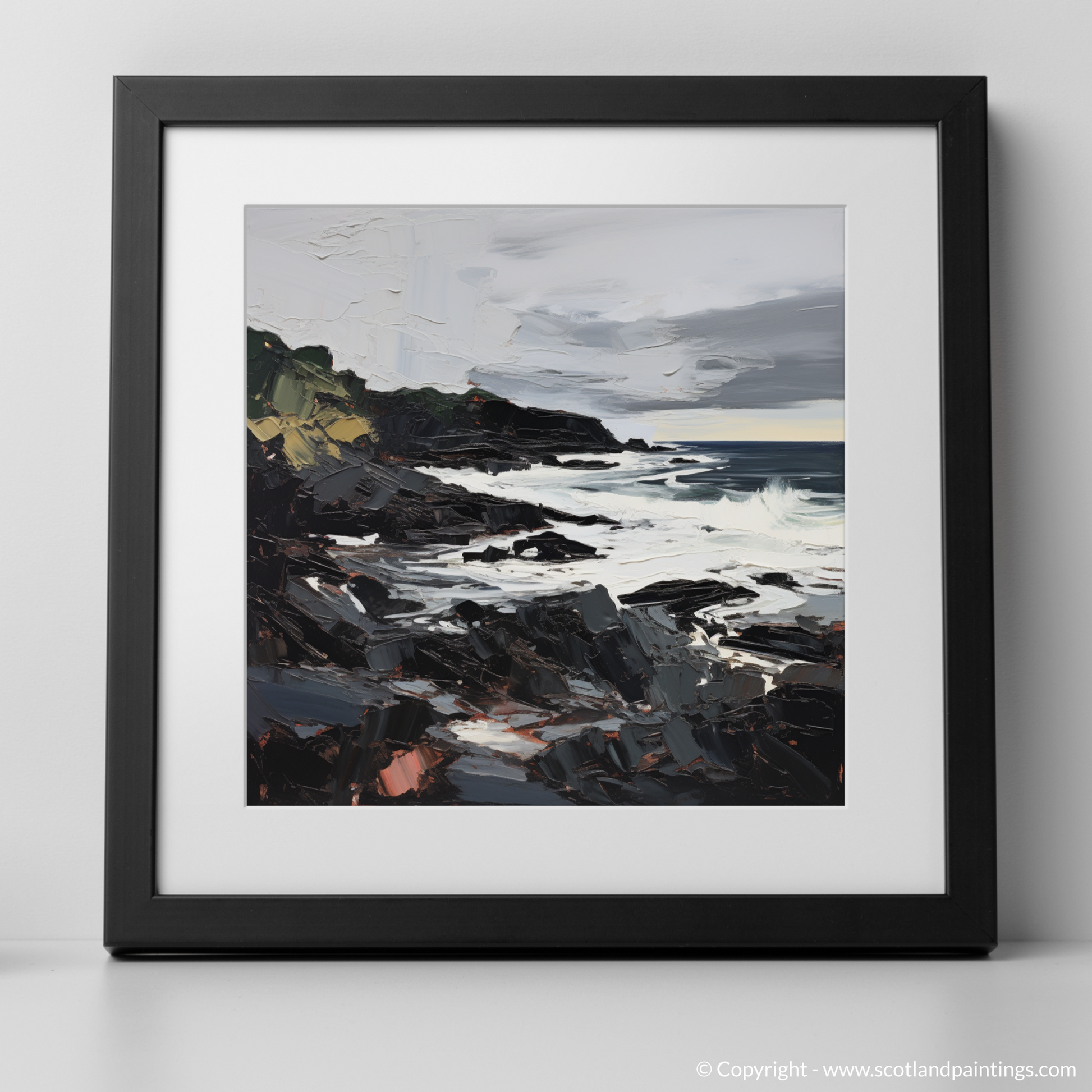 Art Print of Coldingham Bay with a stormy sky with a black frame