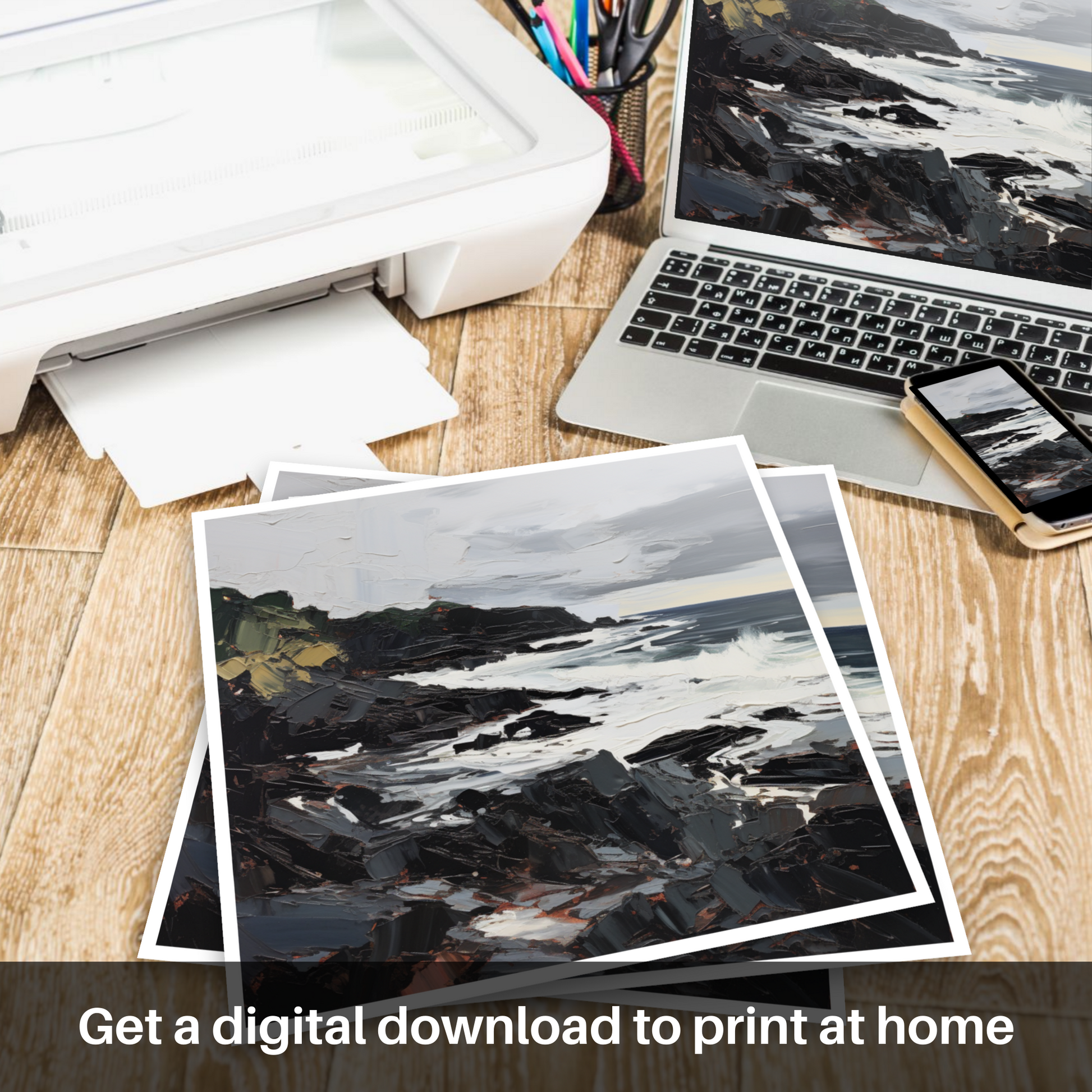 Downloadable and printable picture of Coldingham Bay with a stormy sky
