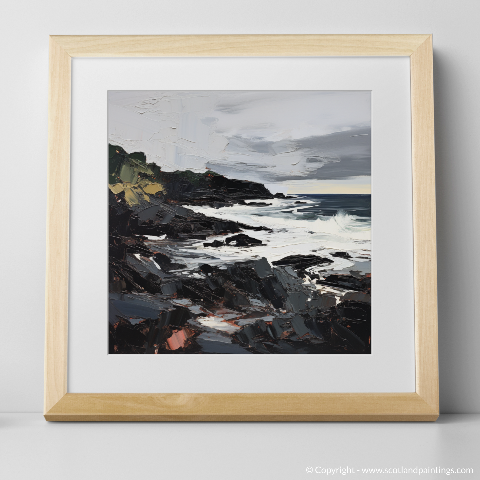 Art Print of Coldingham Bay with a stormy sky with a natural frame