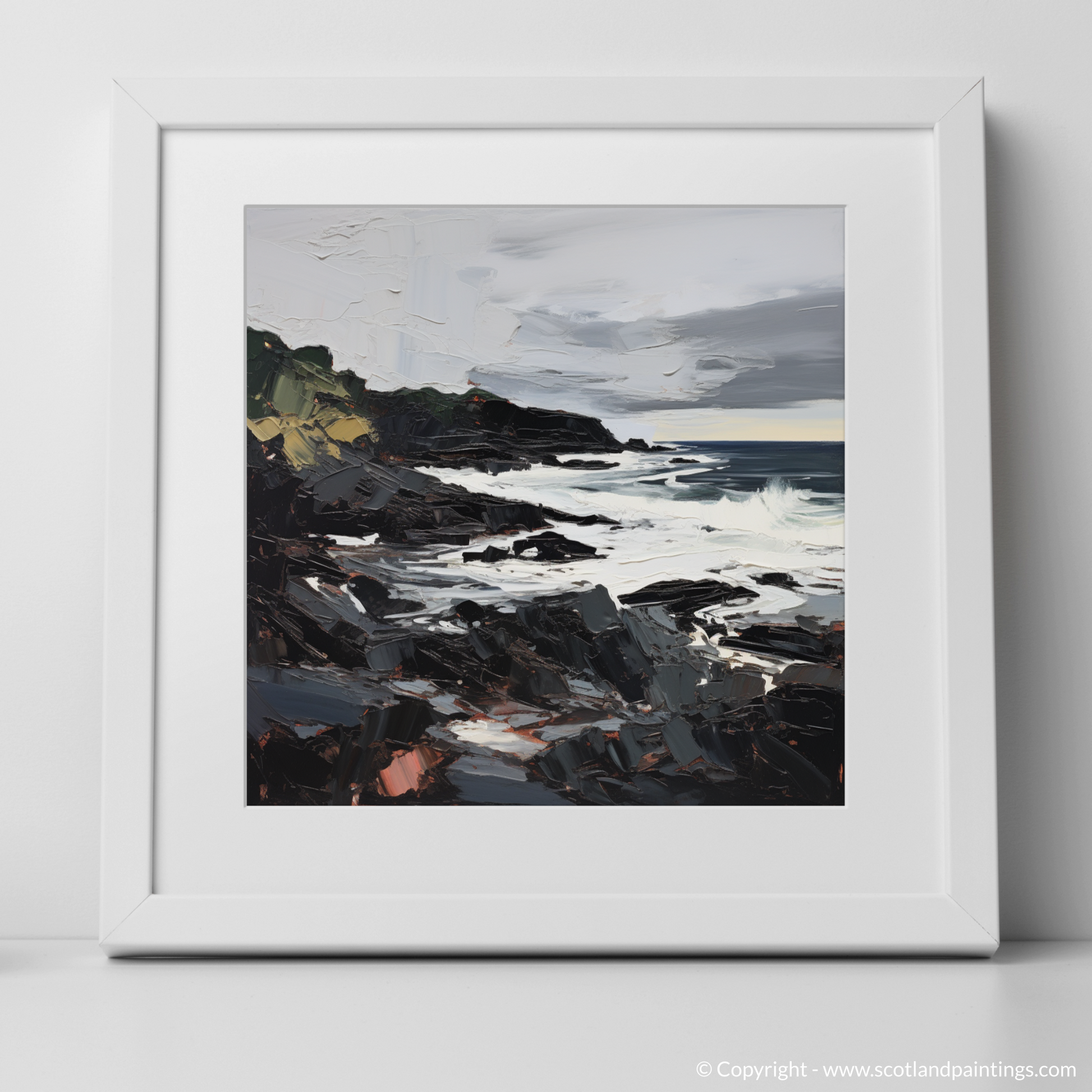 Art Print of Coldingham Bay with a stormy sky with a white frame