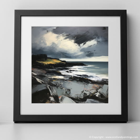 Art Print of Coldingham Bay with a stormy sky with a black frame