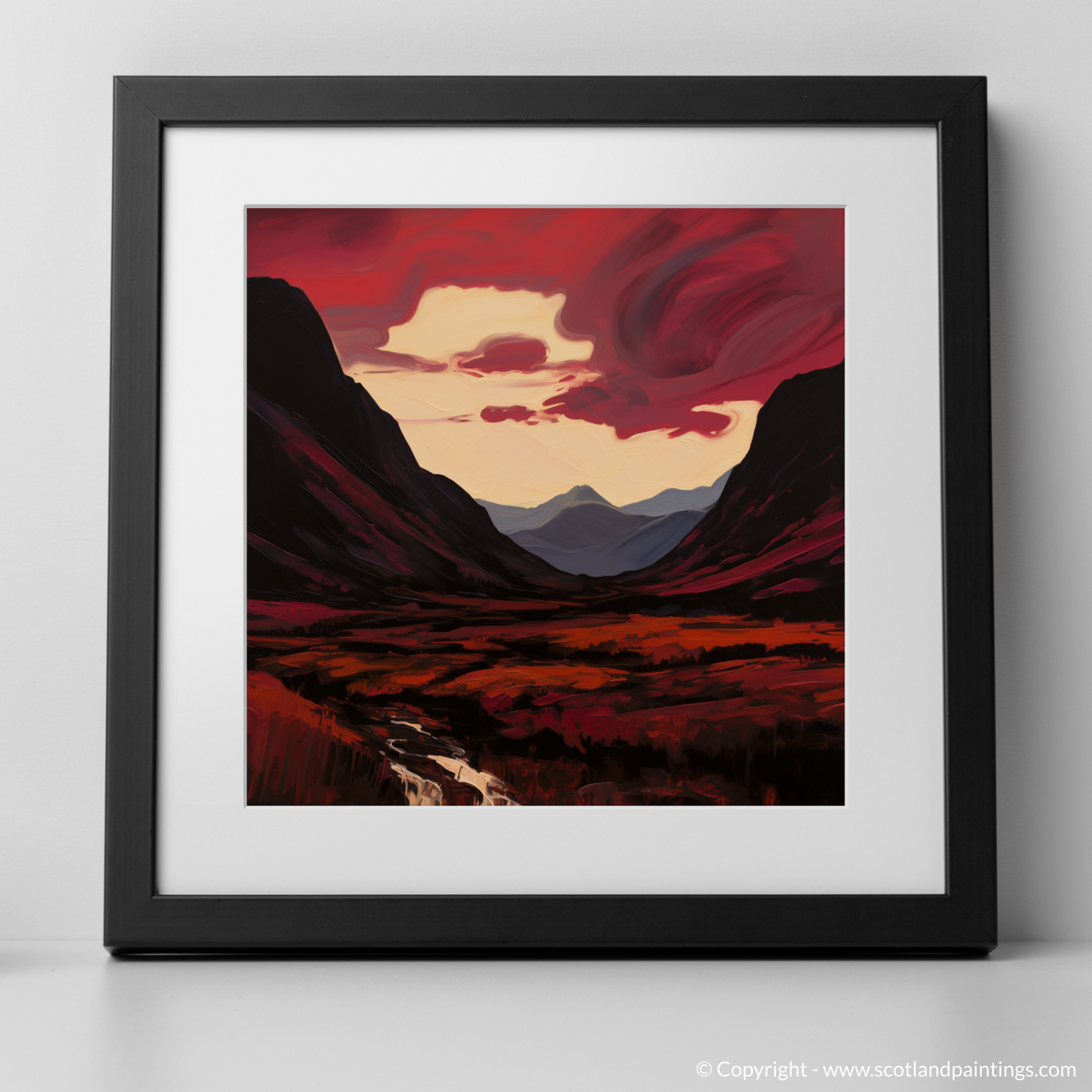 Art Print of Crimson clouds over valley in Glencoe with a black frame