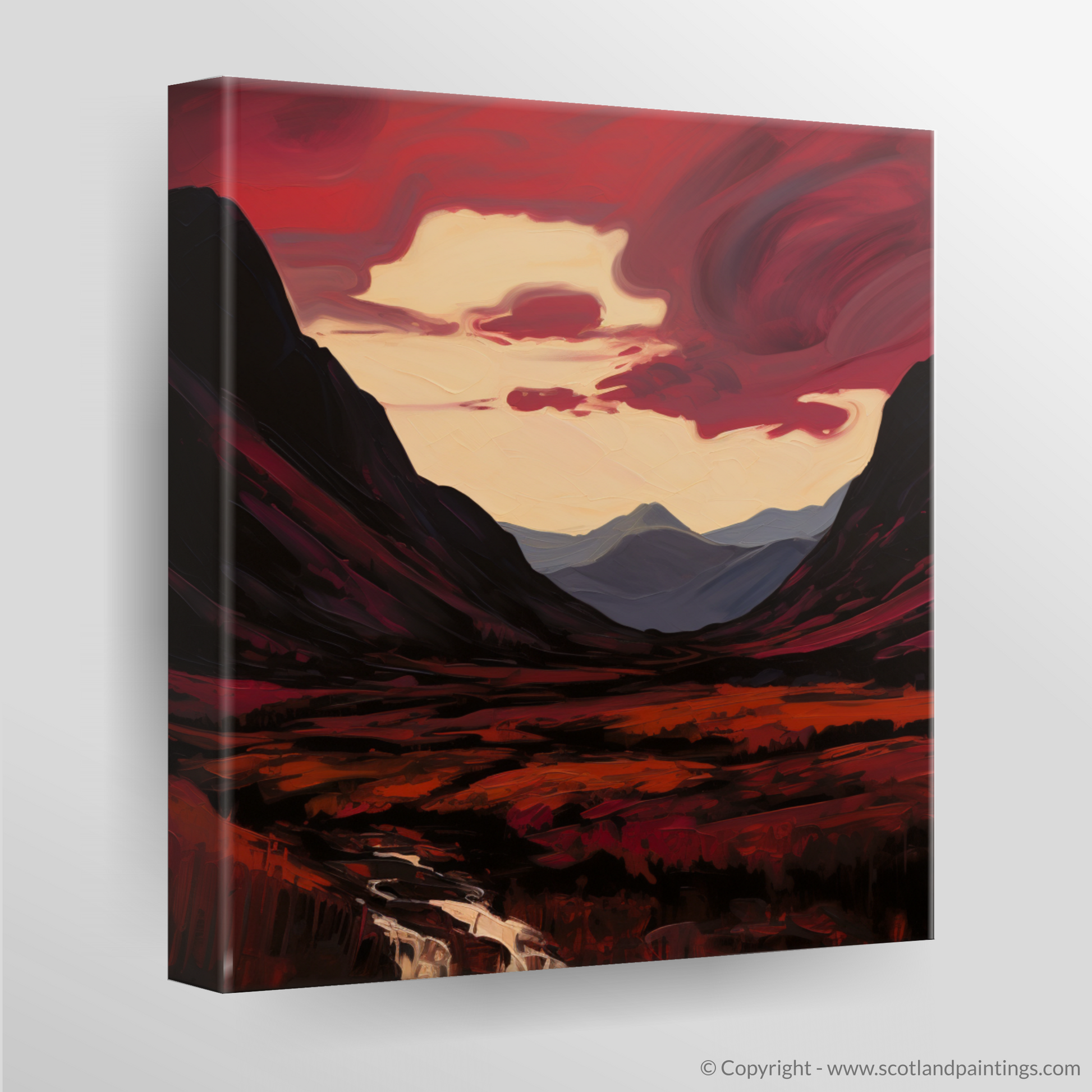 Canvas Print of Crimson clouds over valley in Glencoe