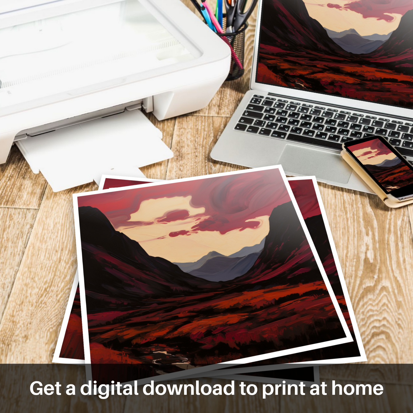 Downloadable and printable picture of Crimson clouds over valley in Glencoe