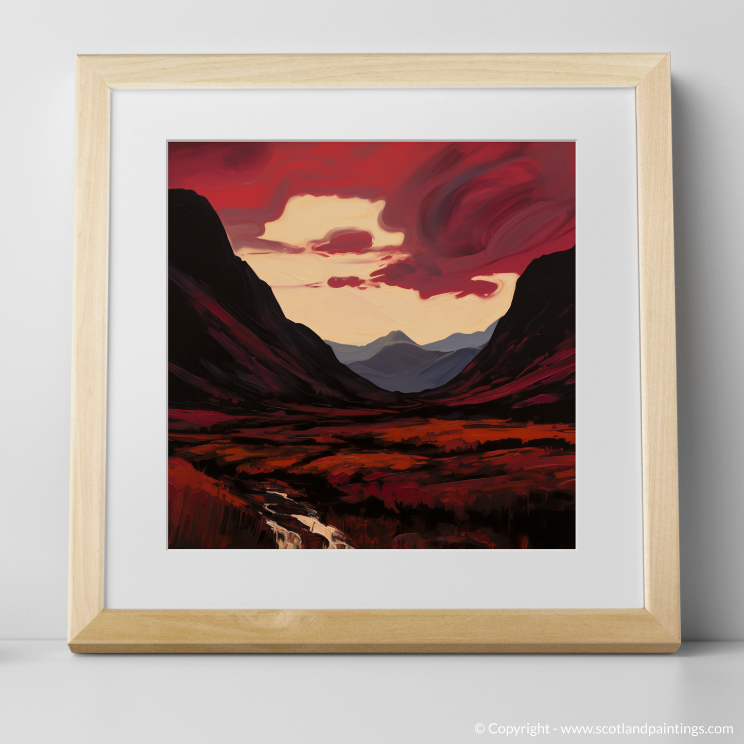 Art Print of Crimson clouds over valley in Glencoe with a natural frame