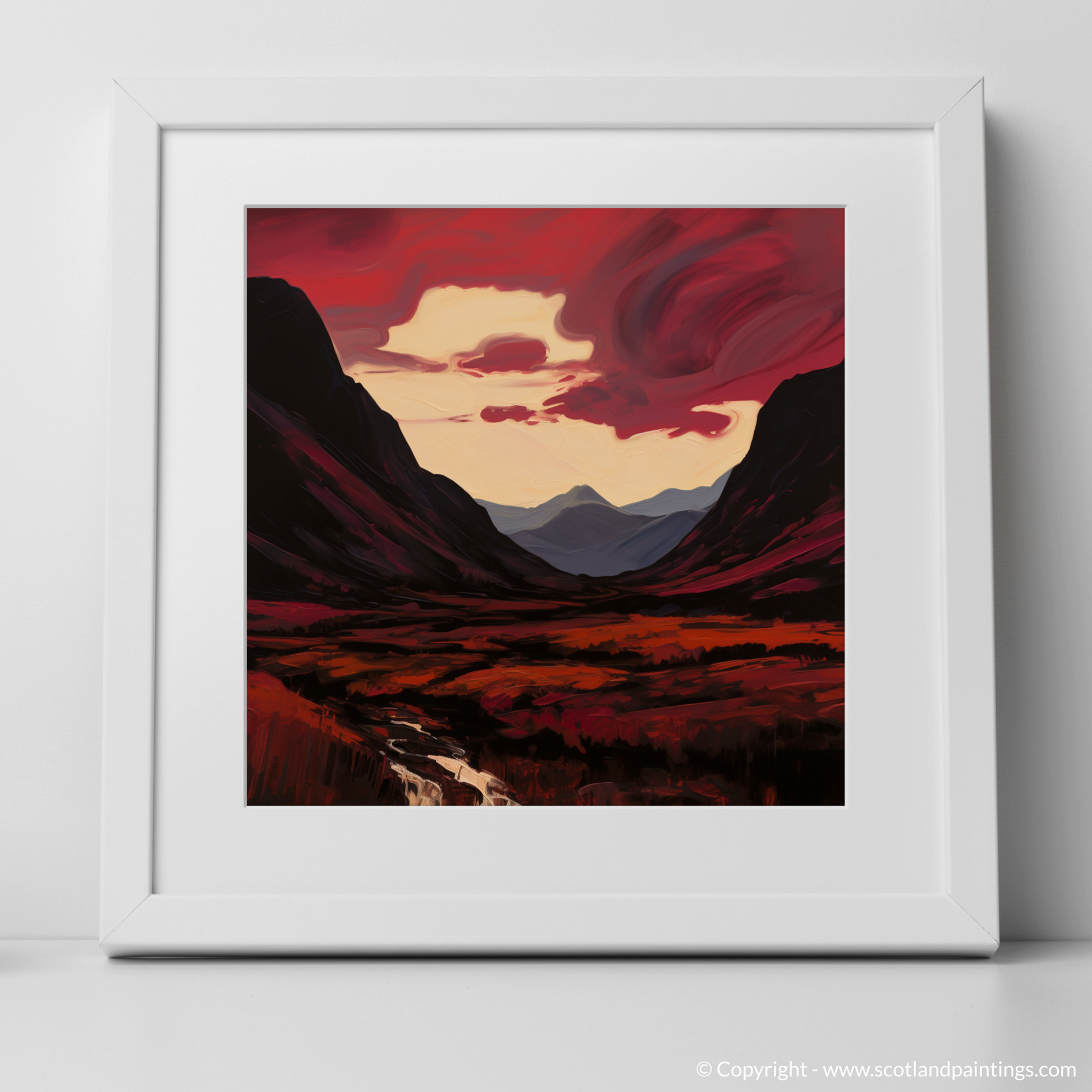 Art Print of Crimson clouds over valley in Glencoe with a white frame