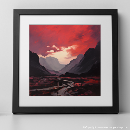 Art Print of Crimson clouds over valley in Glencoe with a black frame