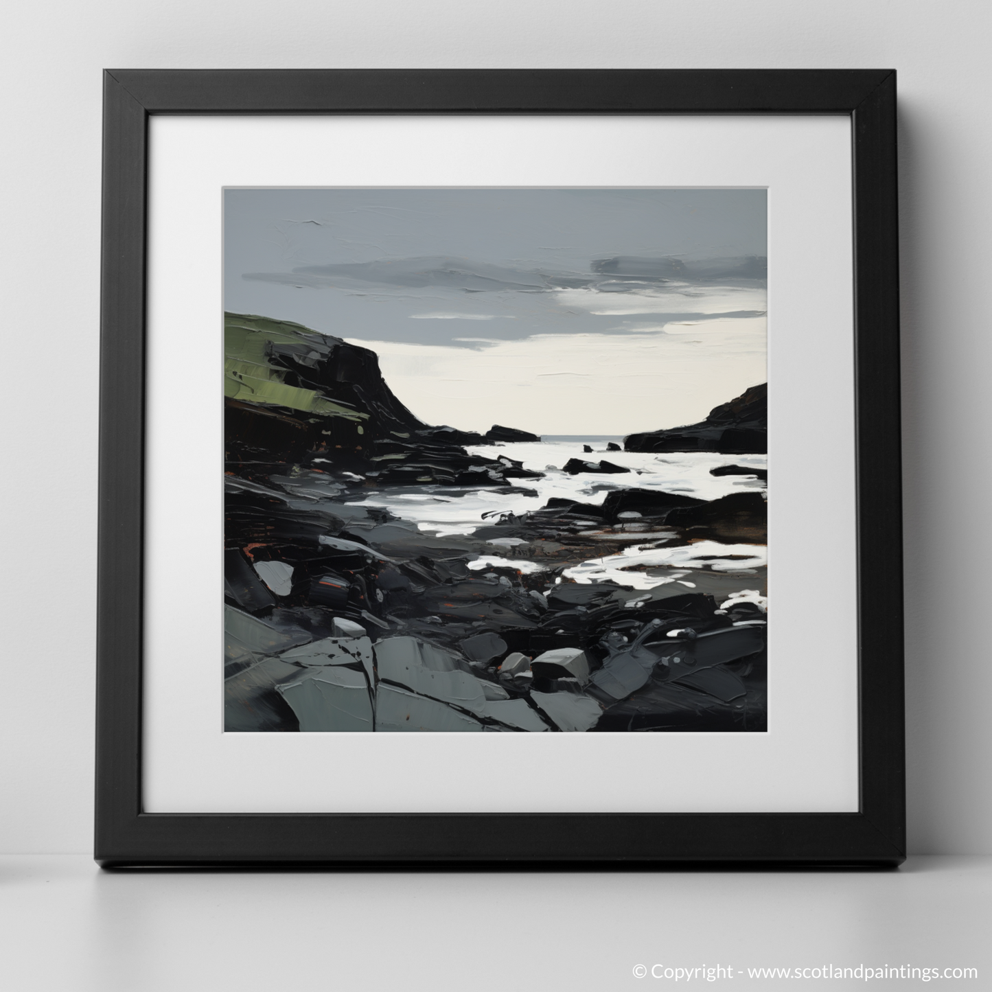 Art Print of Catterline Bay, Aberdeenshire with a black frame
