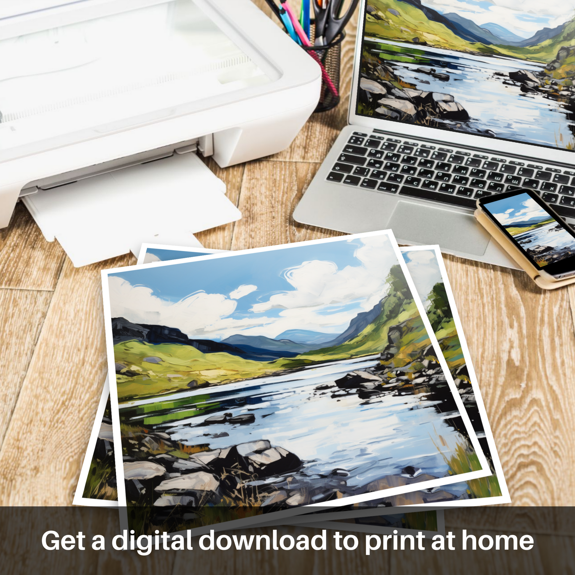 Downloadable and printable picture of Loch Glencoul, Sutherland in summer