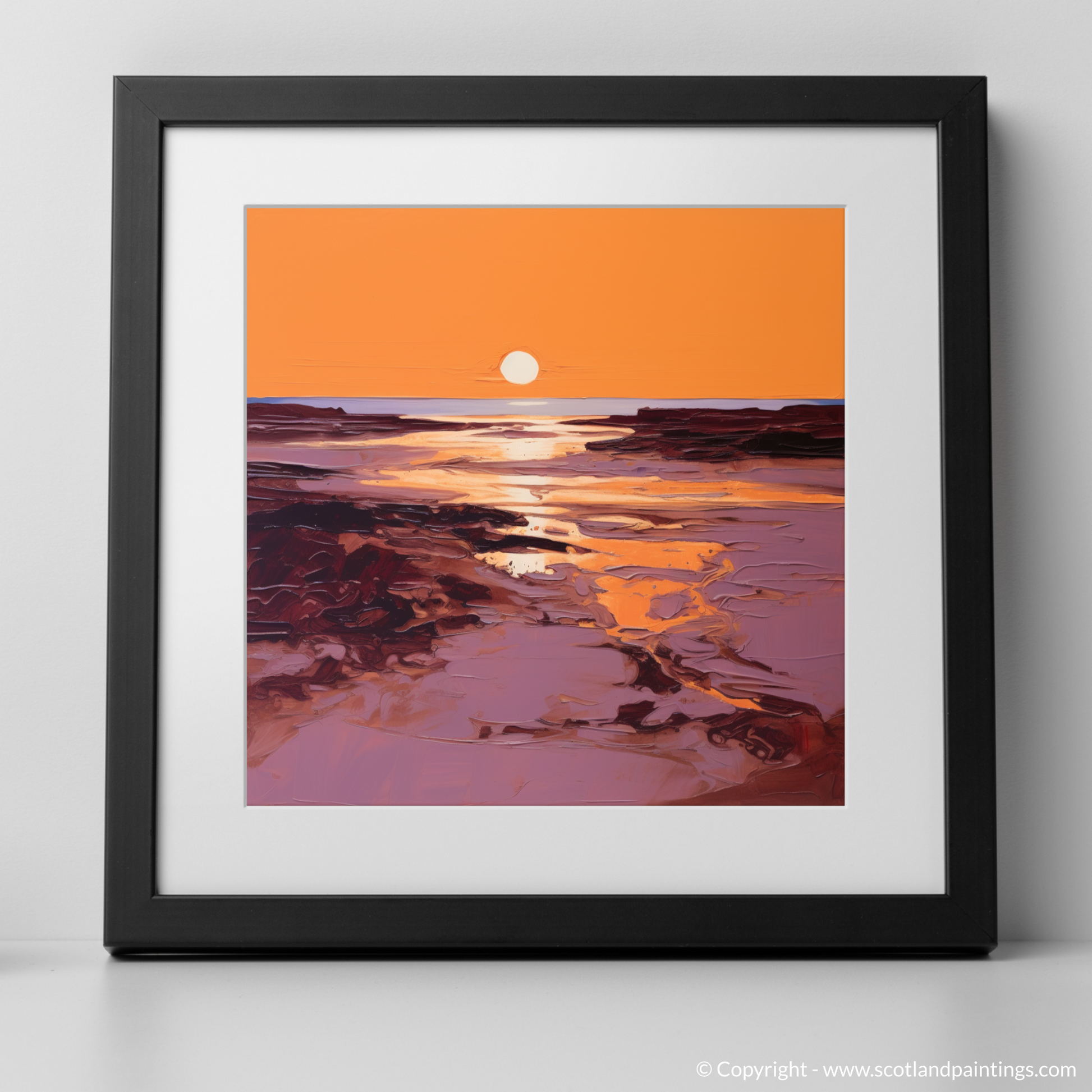 Art Print of Balmedie Beach at golden hour with a black frame