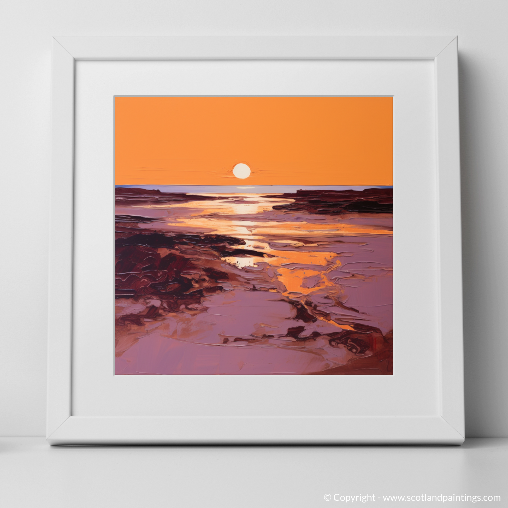 Art Print of Balmedie Beach at golden hour with a white frame