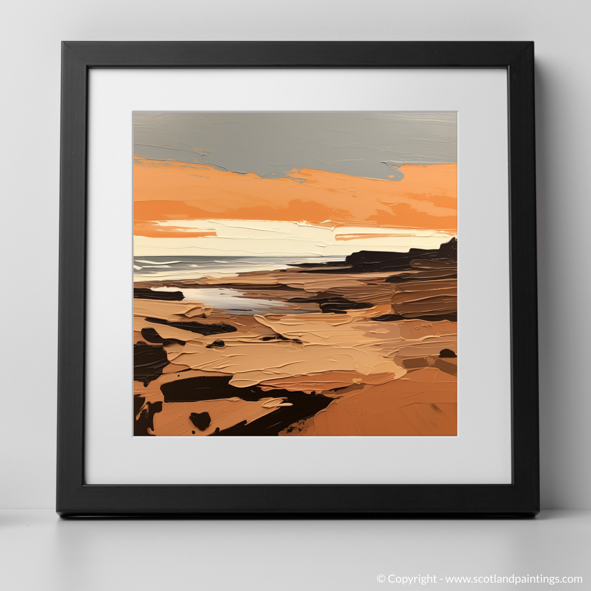 Art Print of Balmedie Beach at golden hour with a black frame